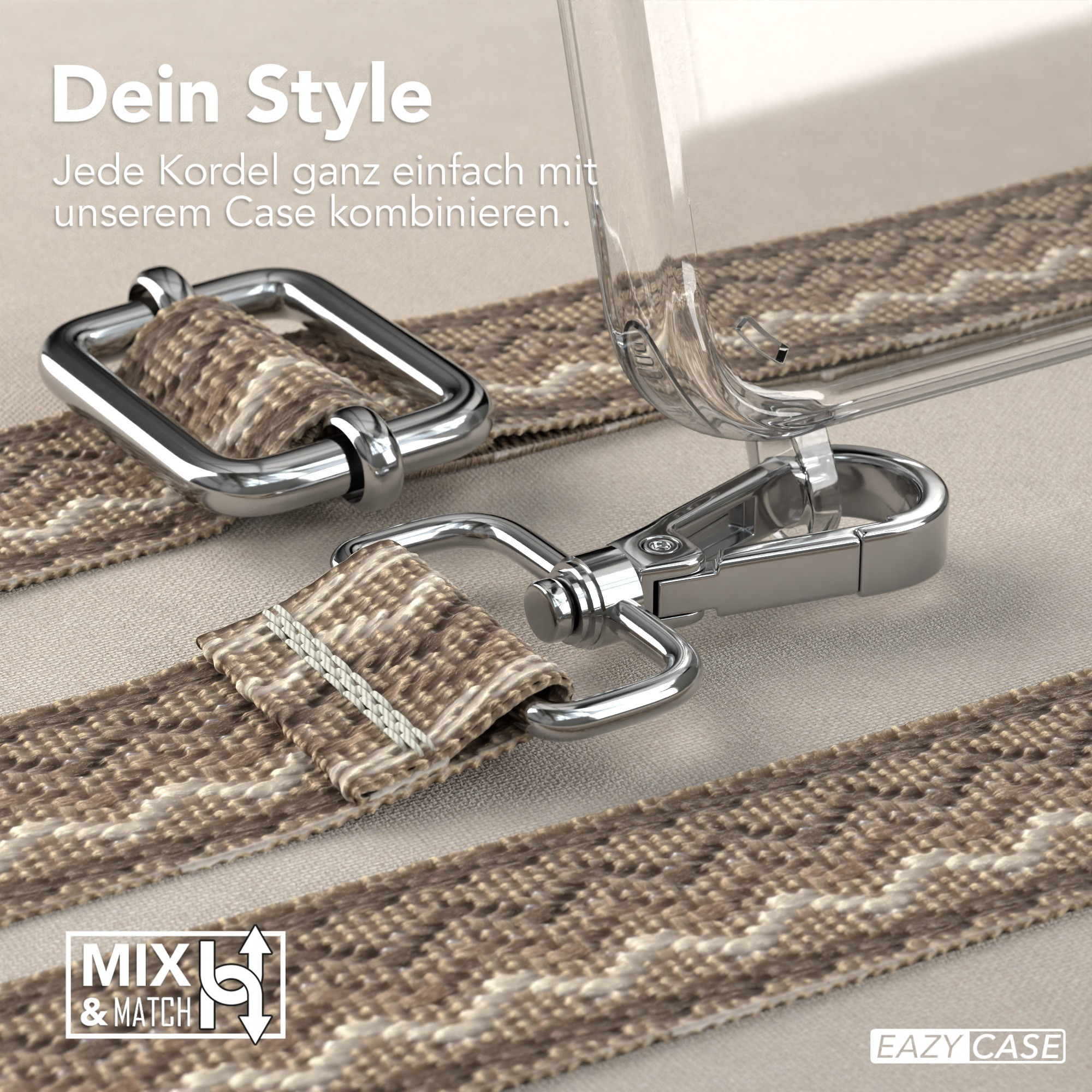 Nahaufnahme von Telefonhüllenriemen und Haken. Beige Riemen mit weißem geometrischem Muster. Silberhaken.