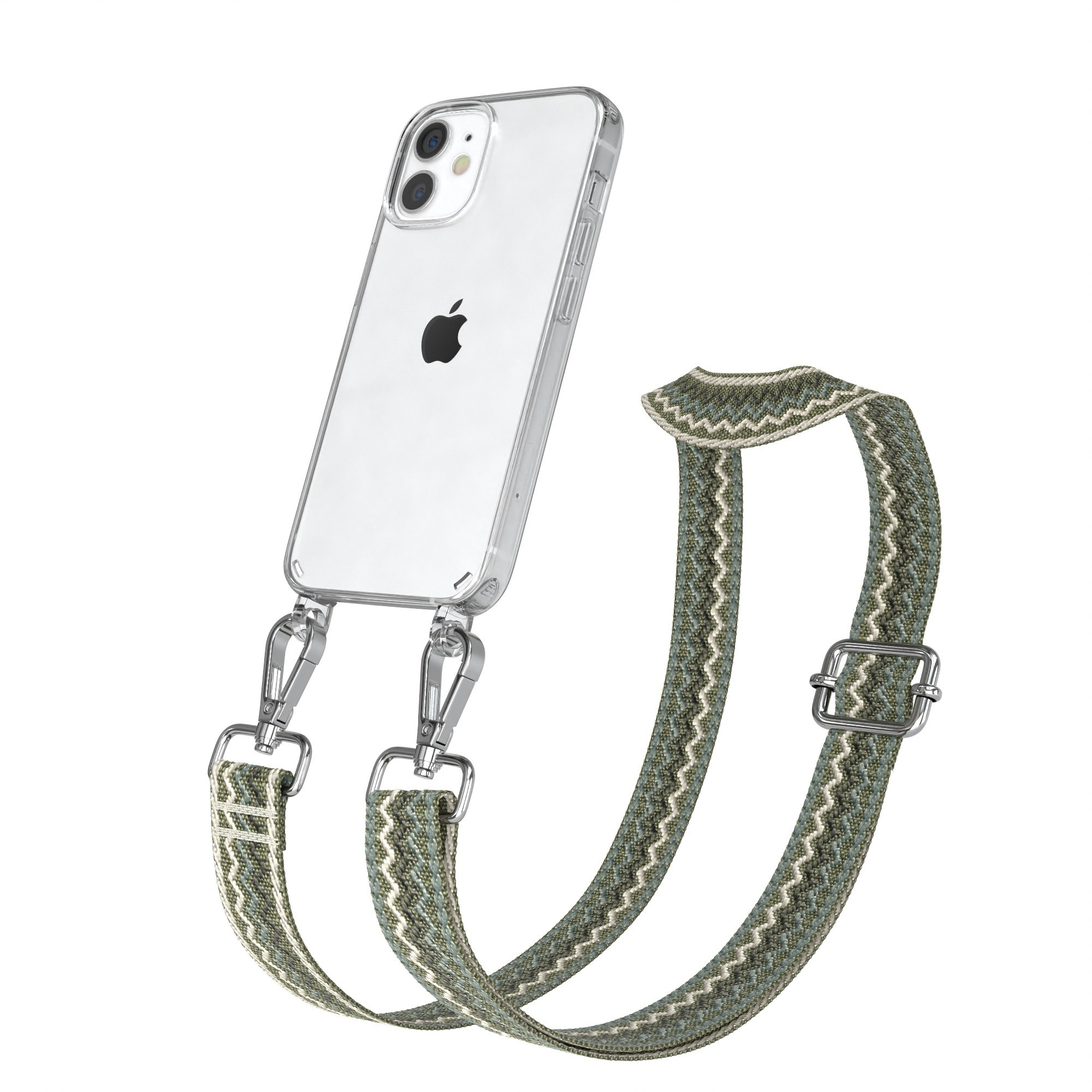 Telefon mit grünem Riemen. Der Riemen ist an der Handyhülle befestigt und hat eine Metallschnalle.