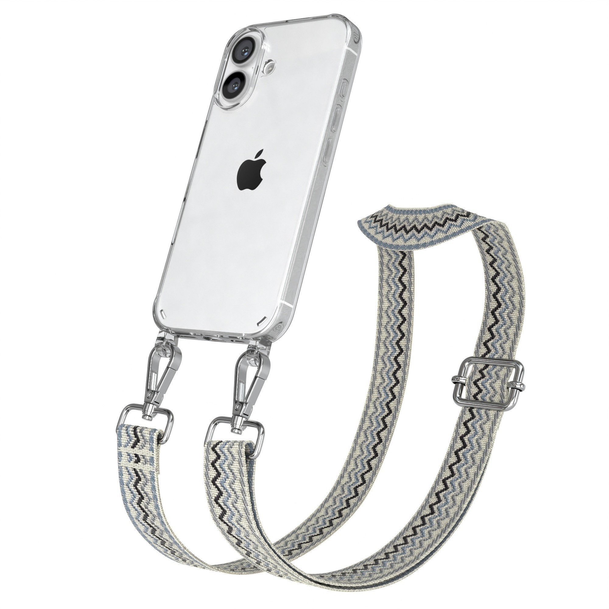 Telefon in durchsichtiger Hülle mit blauem Zickzackriemen. Silberne Verschlüsse und Schnalle.