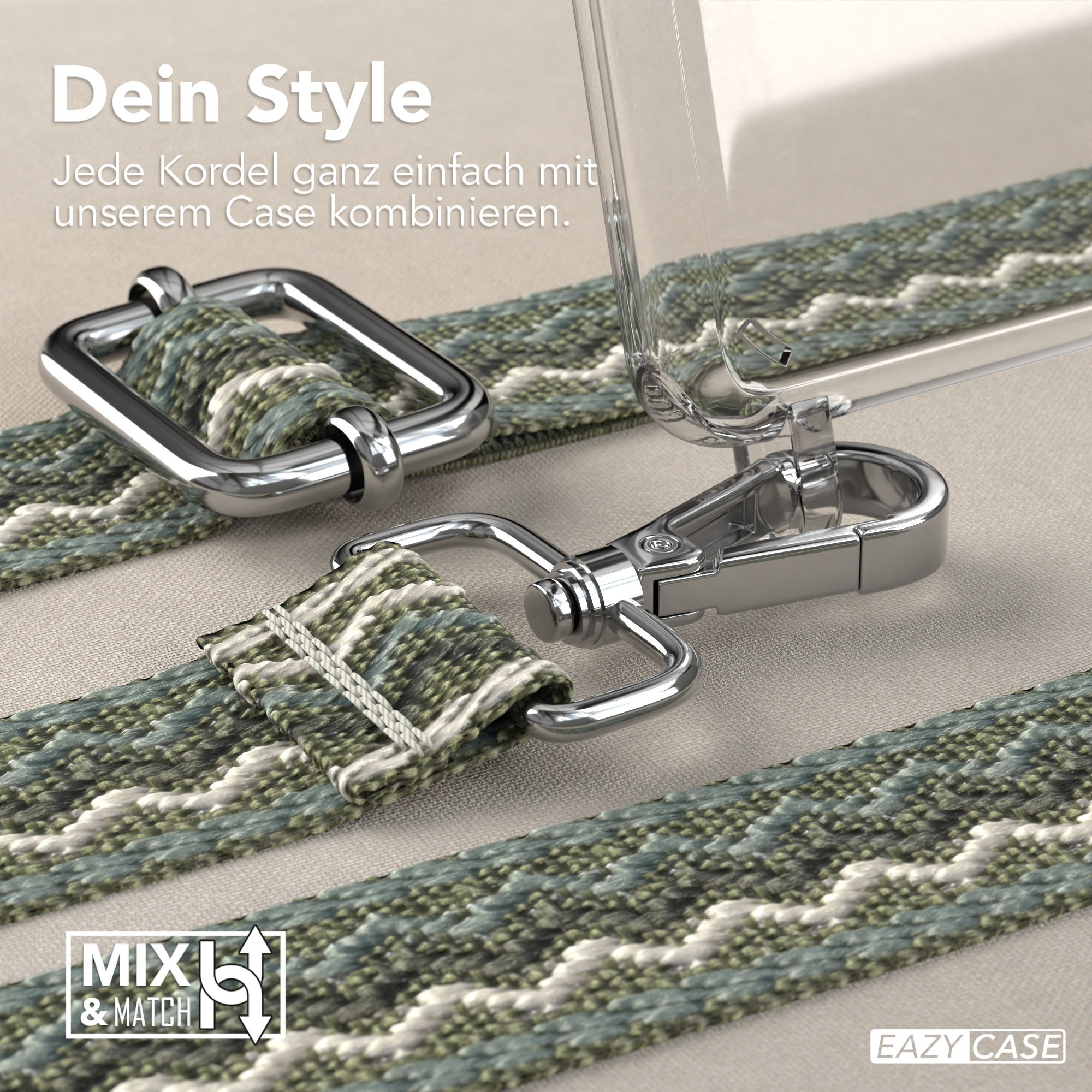 Handyhülle mit Band und Metallclips. Das Band hat ein einzigartiges Muster. Eazy Case Logo sichtbar.