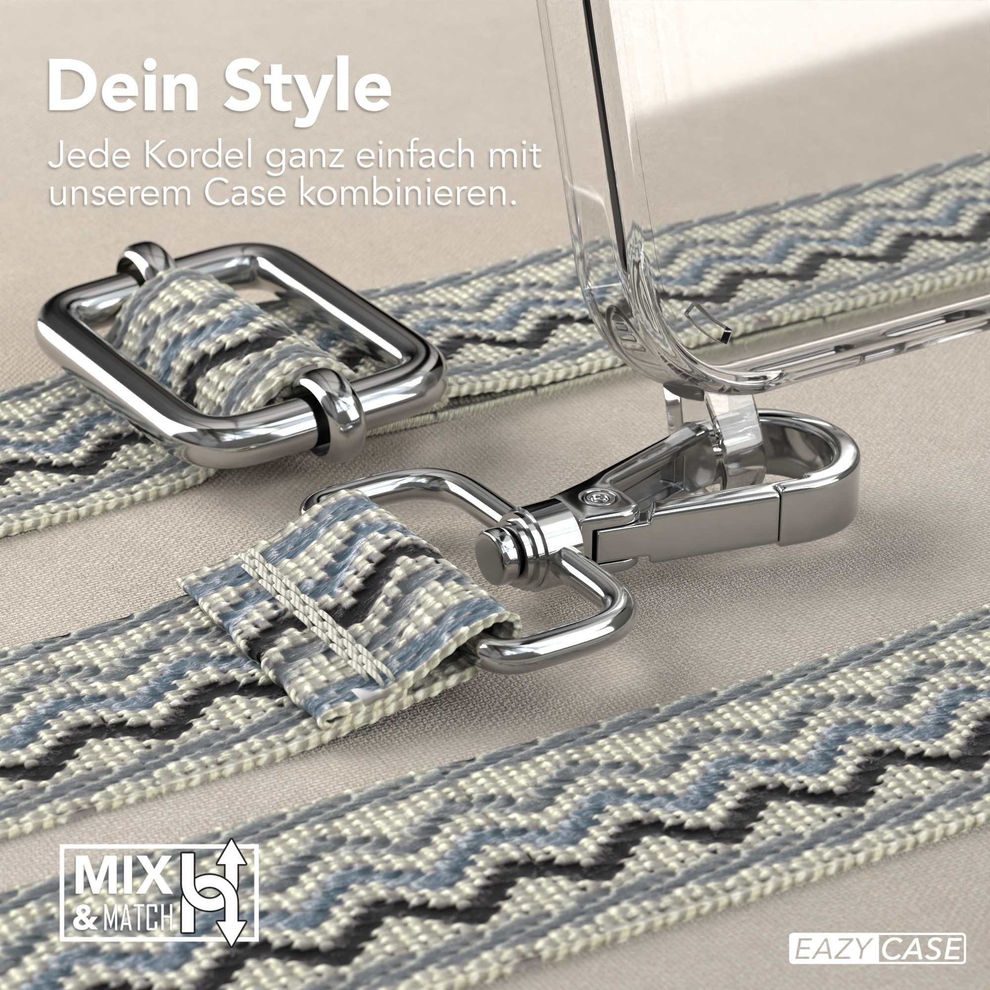 Nahaufnahme von Handyriemen und silberner Hardware. Text: 'Mix & Match'.