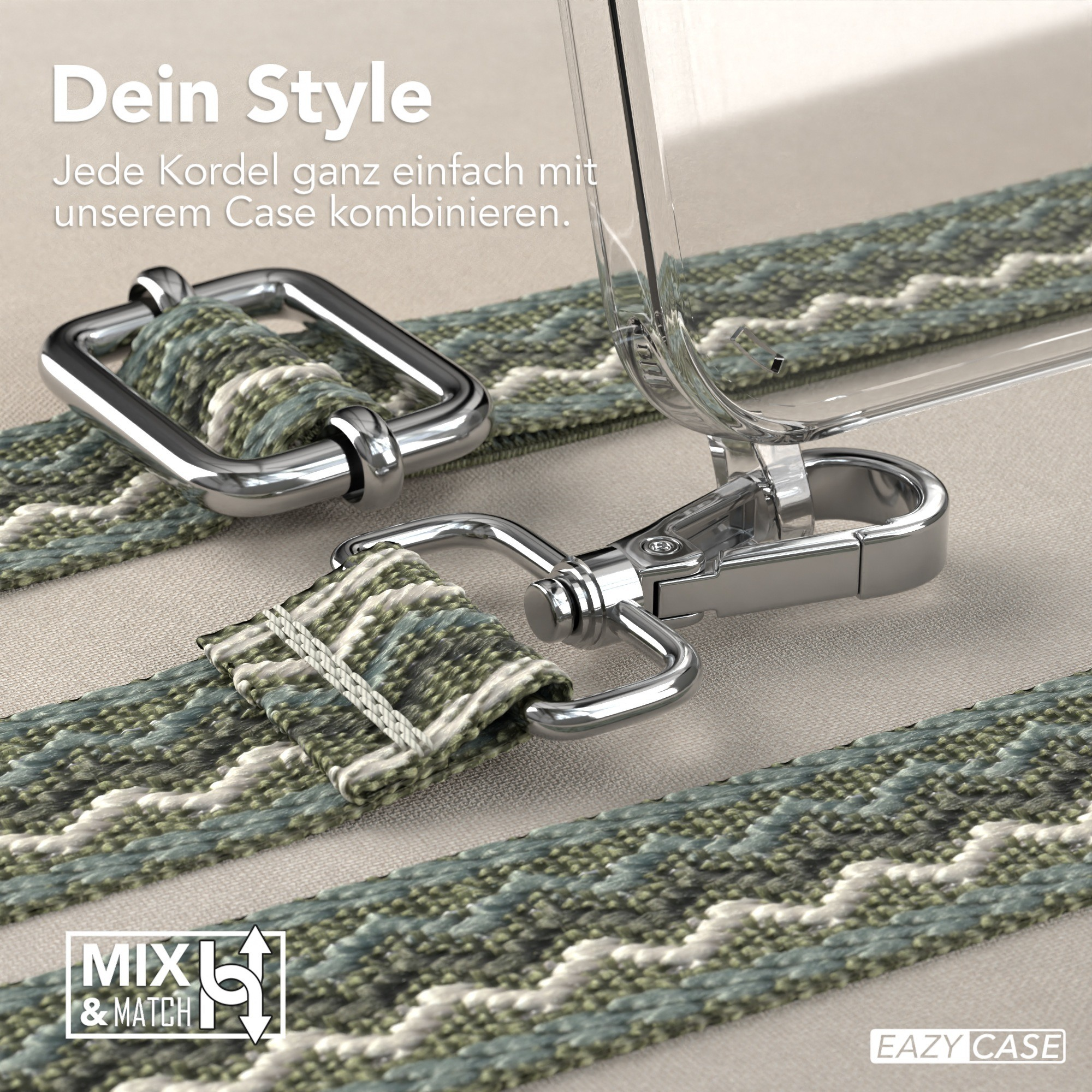 Nahaufnahme von Handyhüllen-Aufsätzen mit gewebtem Riemen und Metallbeschlägen auf beigem Untergrund.