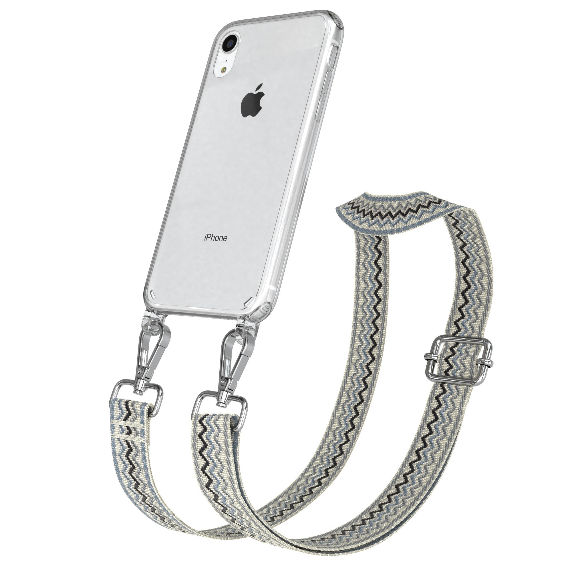 Transparente Handyhülle mit gemustertem Gurt, Telefon ist silber. Gurt hat silberne Hardware.