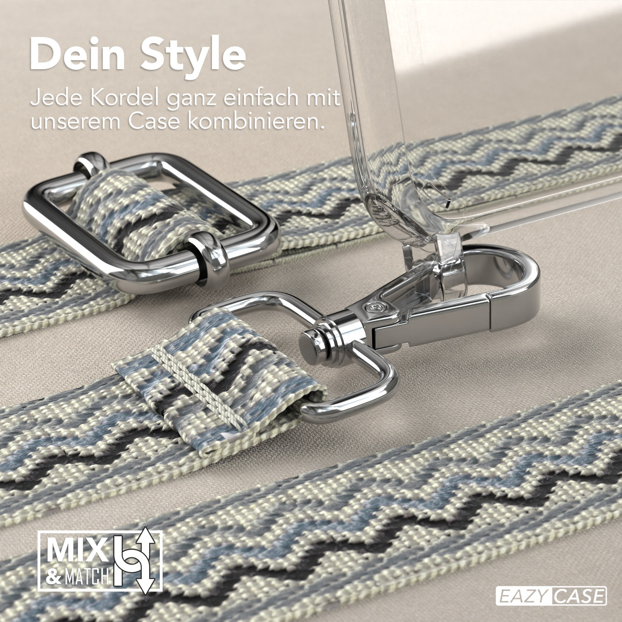 Nahaufnahme eines Handyhüllenriemens und der Metallverschlüsse. Text: Dein Style, Mix & Match.