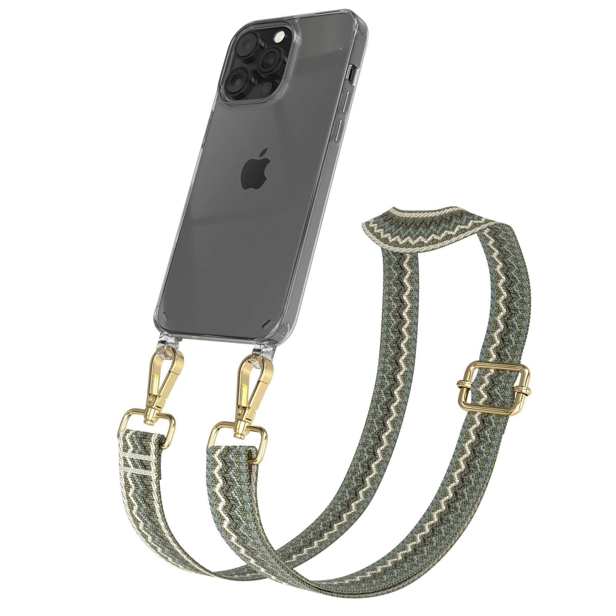 Klares Telefon mit grün gemustertem Riemen. Goldene Verschlüsse und Schnalle. Weißer Hintergrund.
