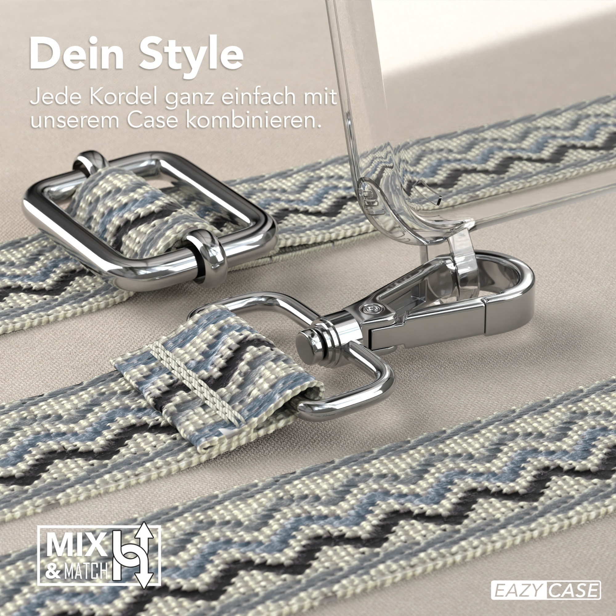 Nahaufnahme einer Handyhülle mit gewebtem blauen Gurt, silbernen Verschlüssen und dem Wort „Mix & Match“.
