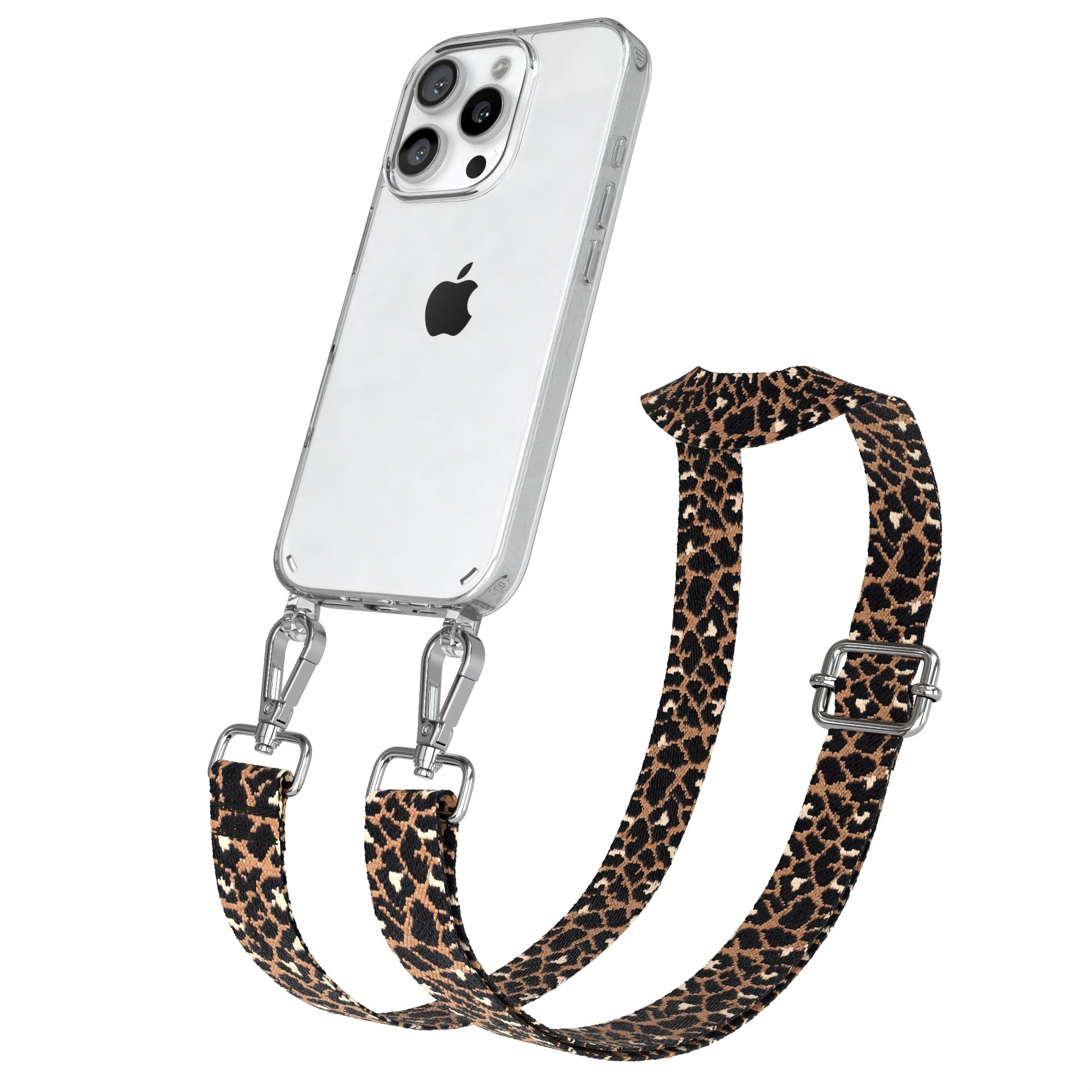Ein Telefon in einer transparenten Hülle mit einem Leopardenmuster-Riemen.