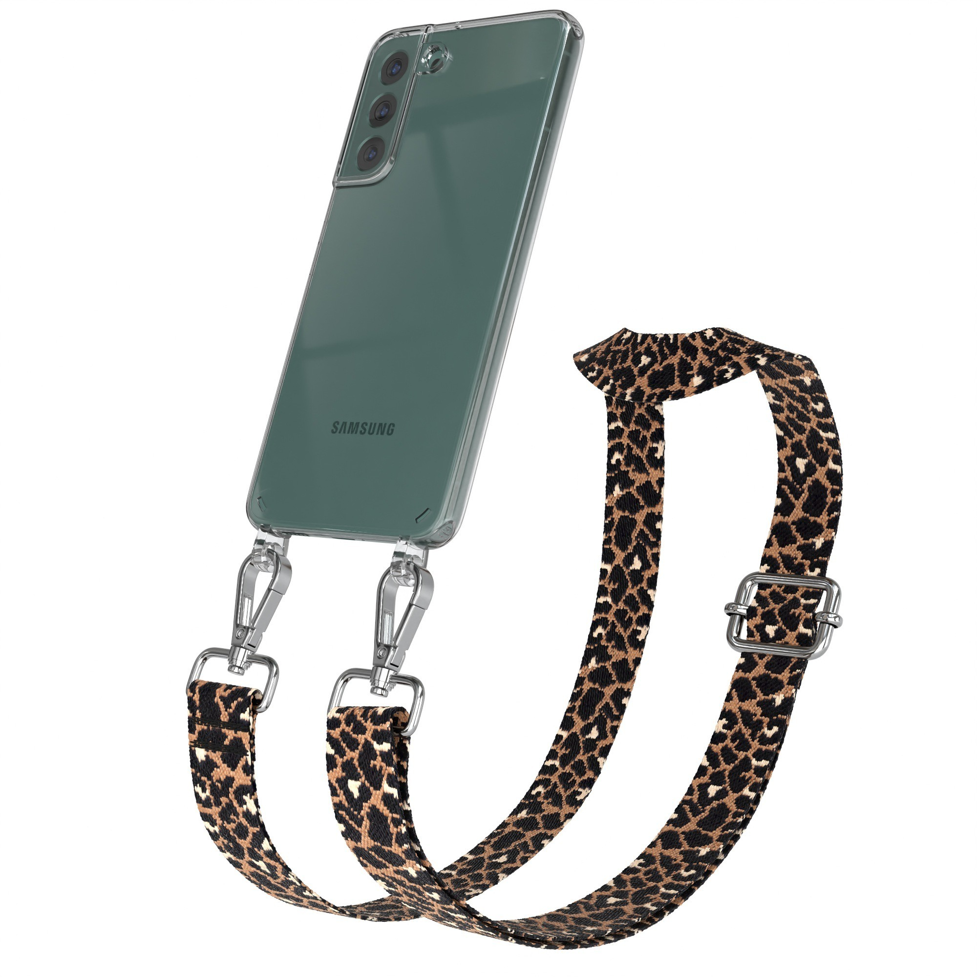 Transparente Handyhülle mit einem Samsung-Telefon und einem Riemen mit Leopardenmuster. Weißer Hintergrund.