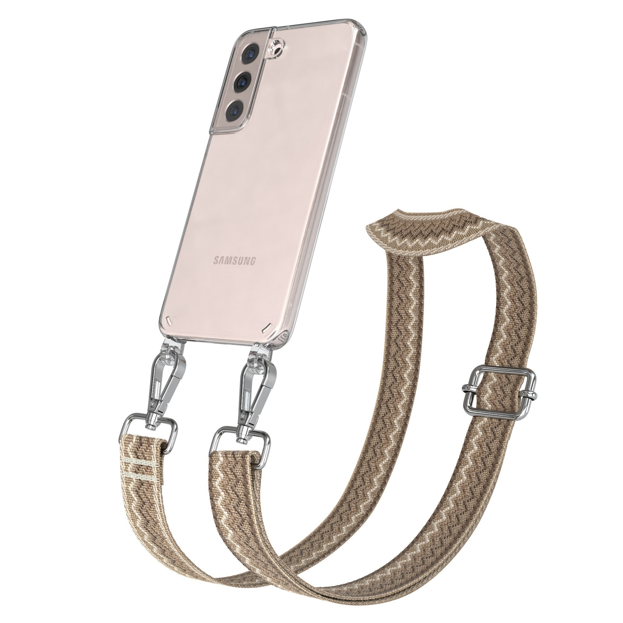 Telefon mit klarer Hülle und Band.