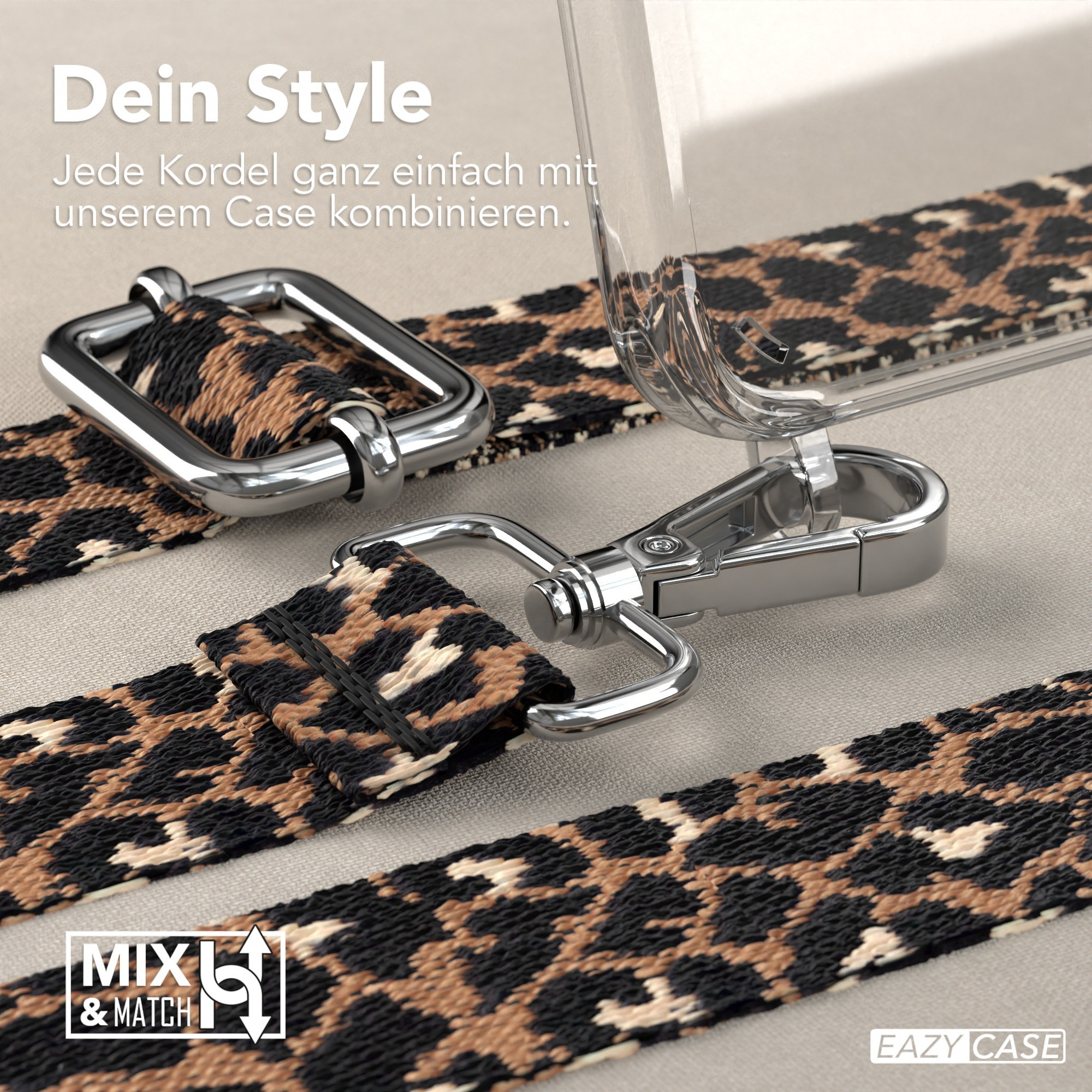 Nahaufnahme eines Leopardenmuster-Lanyards, einer Handyhülle und eines silbernen Verschlusses. Gehäuse und Lanyard verbunden.