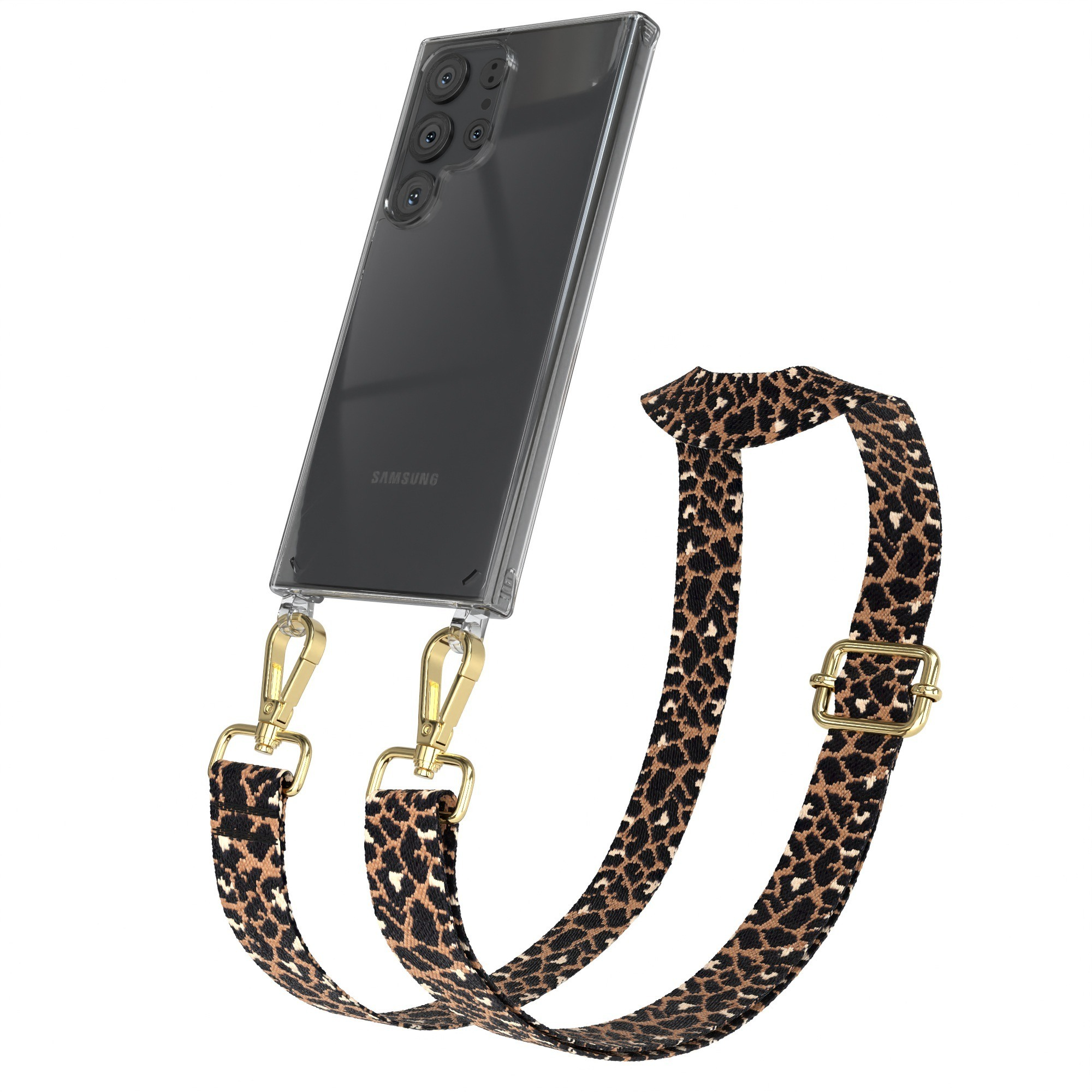 Ein transparentes Telefon in einem Gehäuse mit Leopardenmuster. Goldene Verschlüsse halten den Riemen.