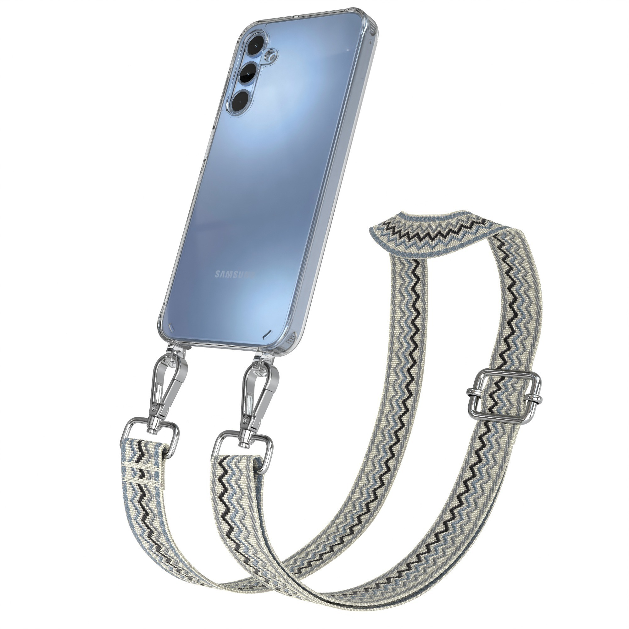 Klares Telefon mit Band. Band ist blau und weiß. Silberne Clips und Schnalle.