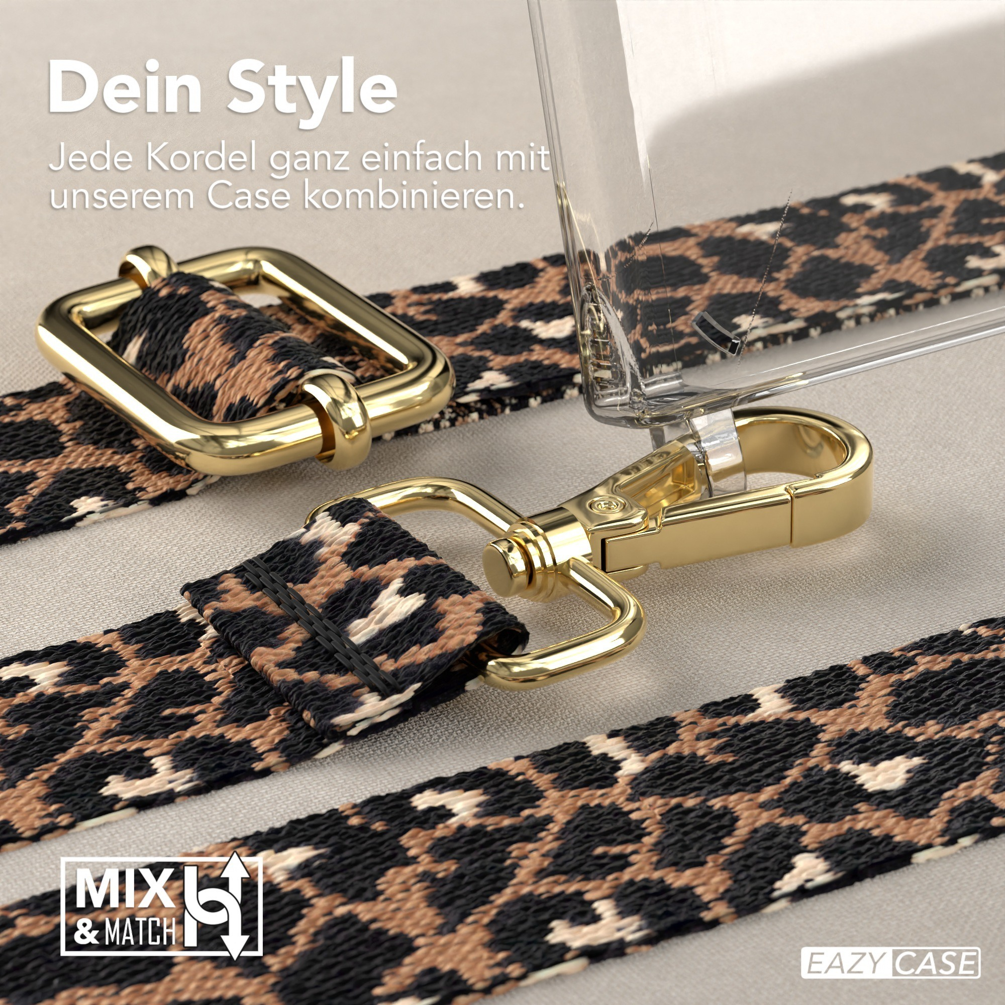 Nahaufnahme von Handyhüllenriemen, goldener Schließe und Handyhülle mit Leopardenmuster.