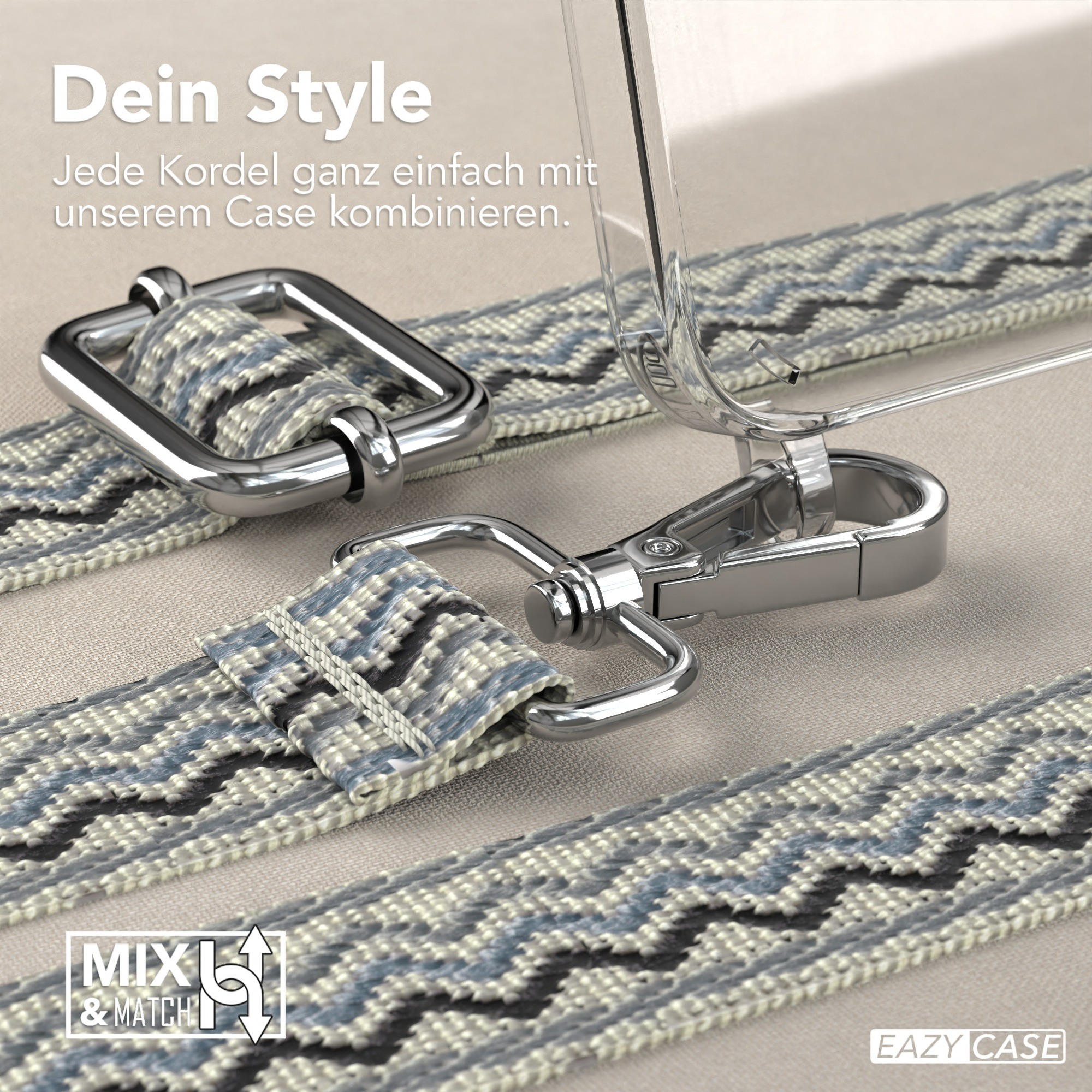 Nahaufnahme einer Handyhülle mit Riemen, die Metallverschlüsse und einen gemusterten Riemen zeigt.