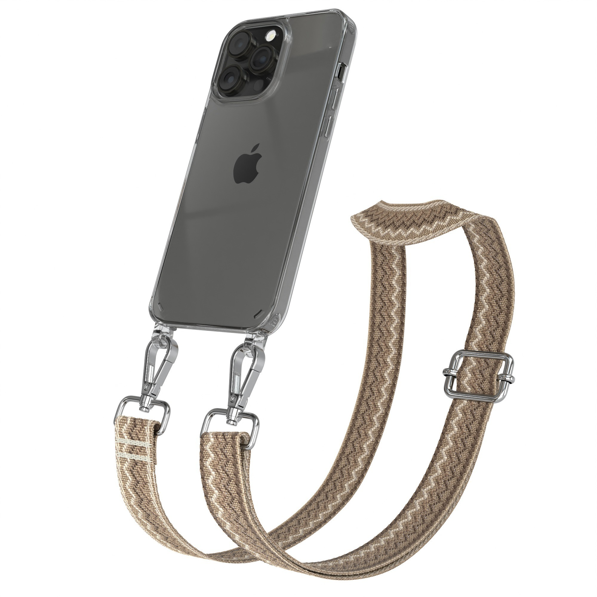 Telefon in klarer Hülle mit gemustertem Riemen. Silberne Clips, beige/brauner Riemen mit Metallschnalle.