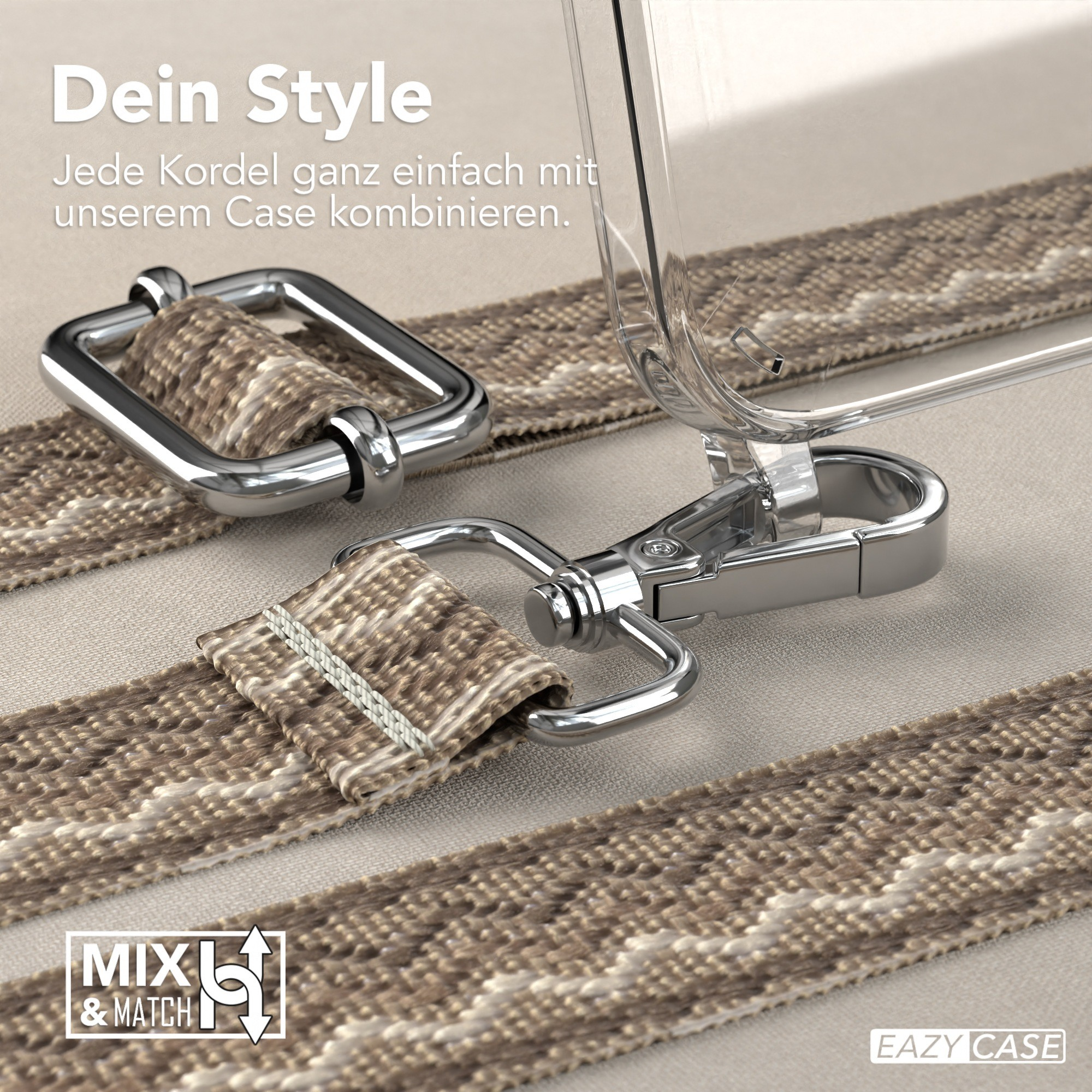 Eine Handyhülle mit einem Riemen und einem Metallverschluss. Die Hülle hat ein Muster.