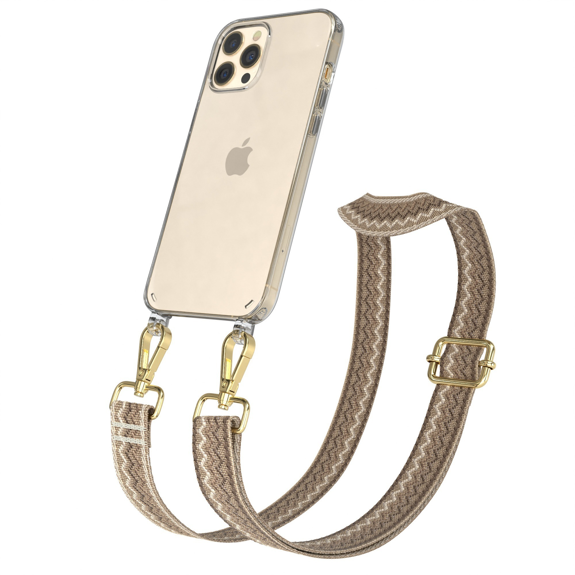Transparente Handyhülle mit braunem Musterband und goldenen Verschlüssen.