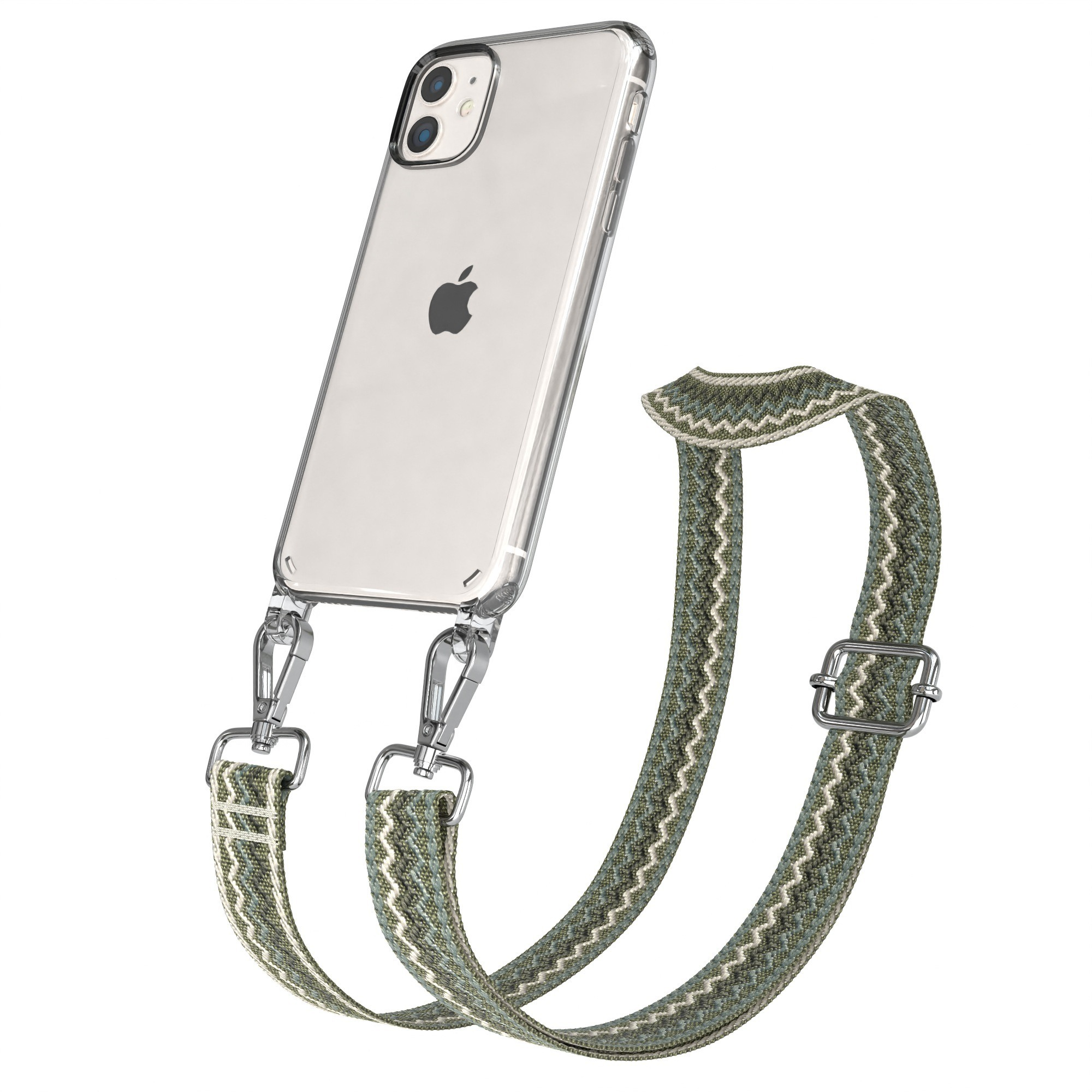 Ein Telefon mit klarer Hülle und grünem Riemen. Metallclips und Schnalle. Weißer Hintergrund.