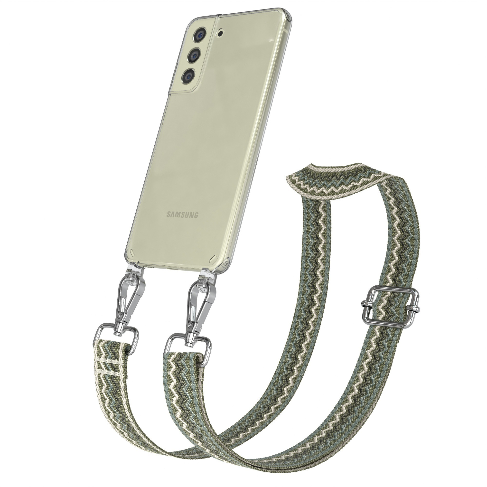 Telefon mit gewebtem Band. Band hat silberne Schnalle und Verschlüsse.