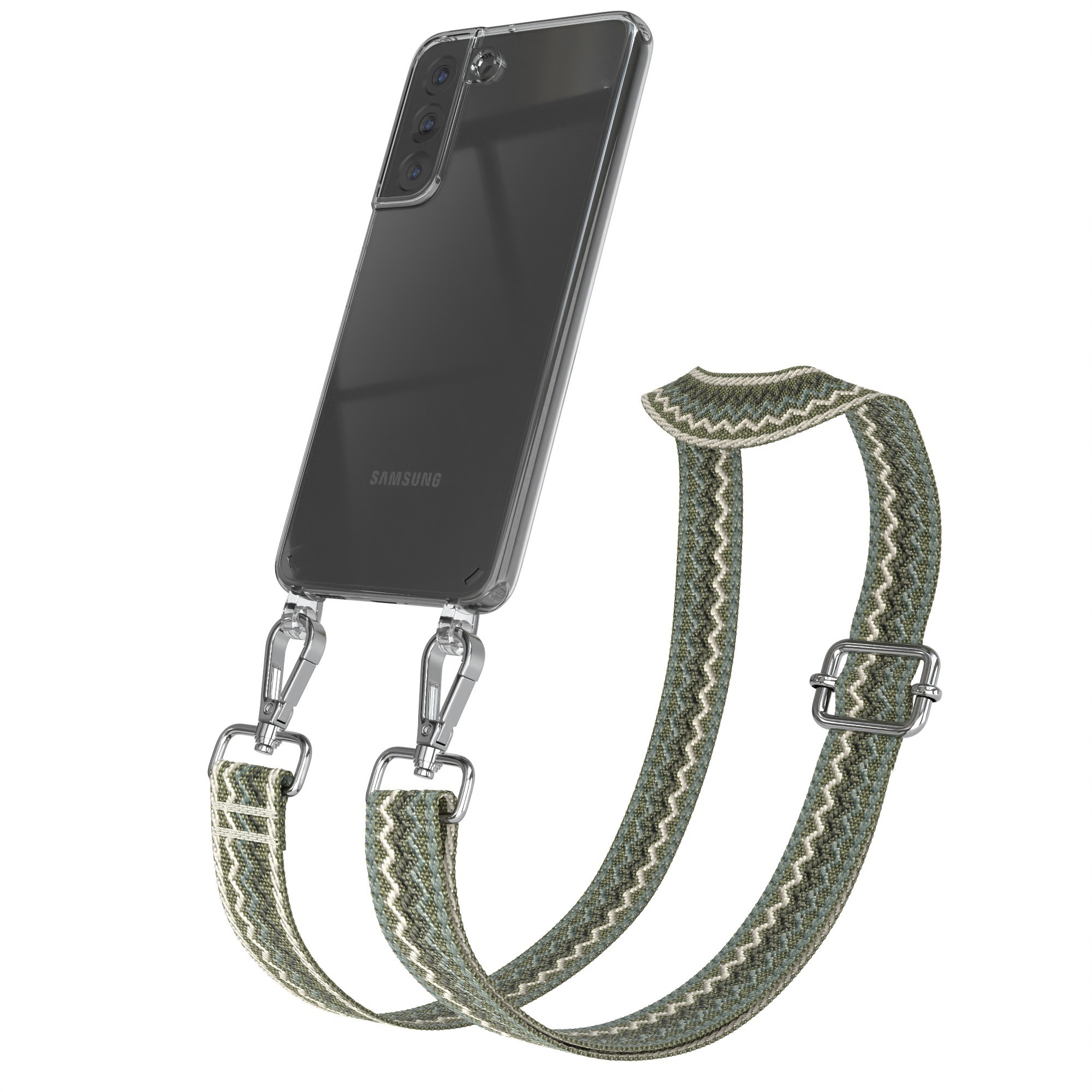 Eine Handyhülle mit Riemen, silbernen Clips und einem Telefon.