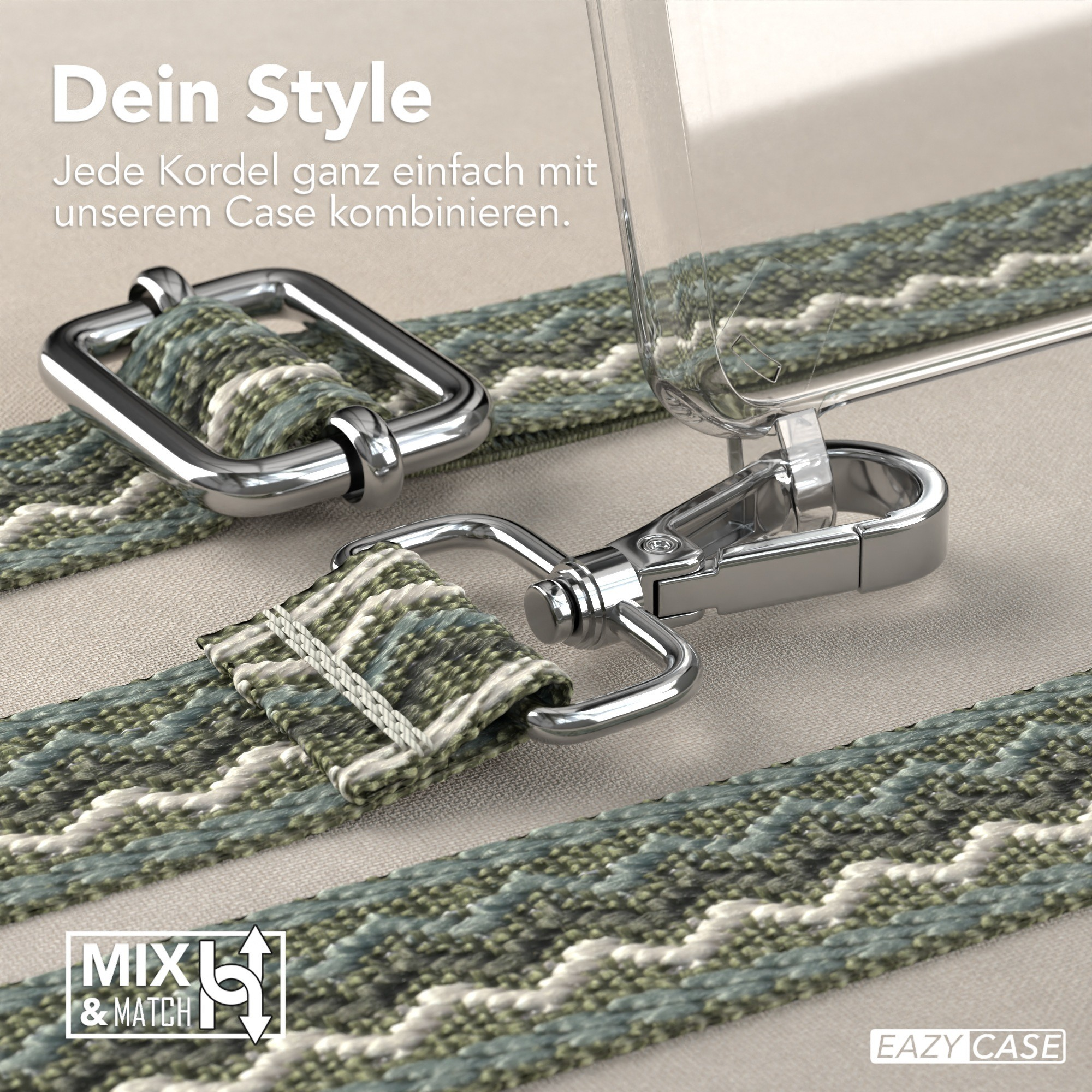 Handyhülle mit Riemen und silbernem Verschluss. Der Riemen hat ein grün-weißes Muster. Text: Dein Style.
