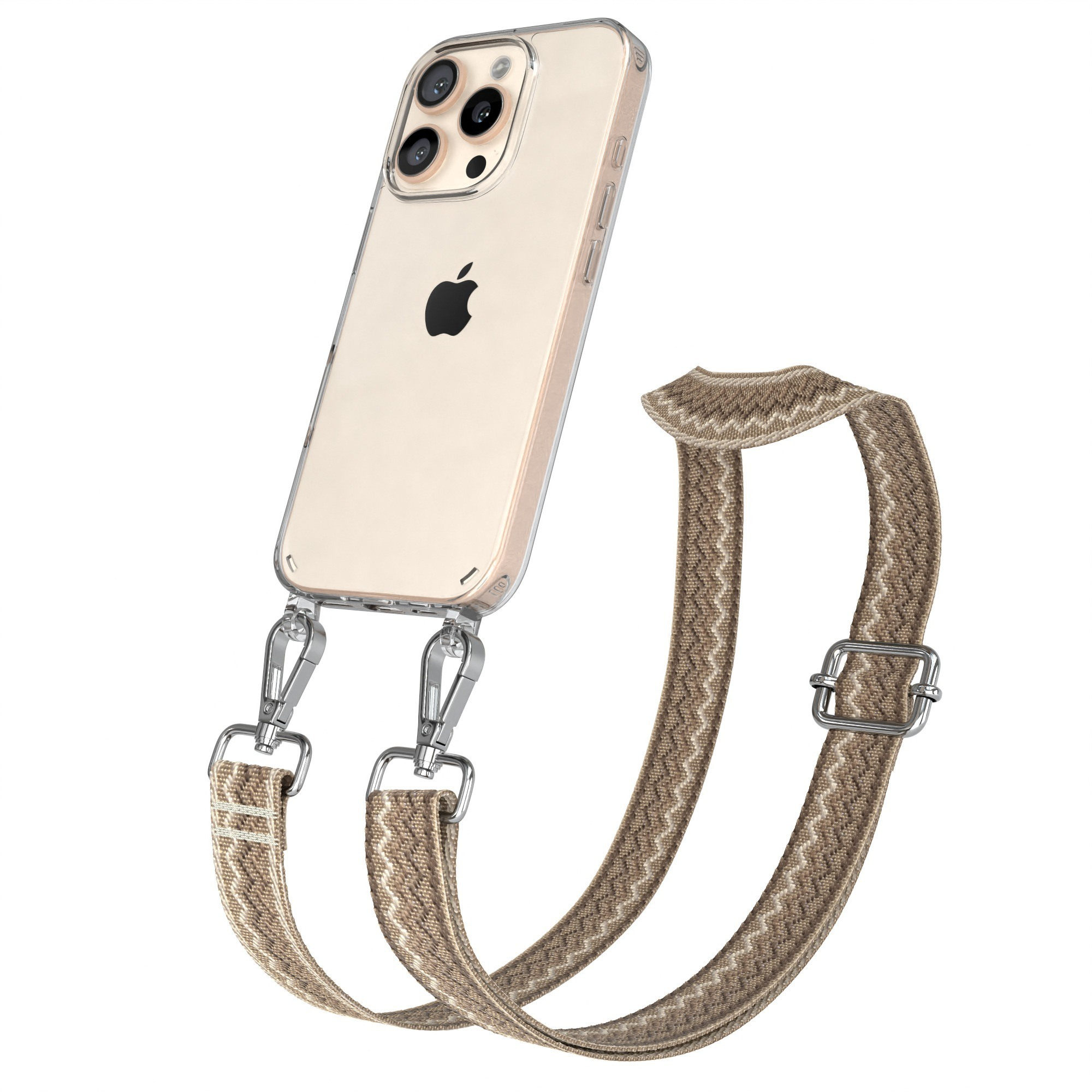 Klare Handyhülle mit Riemen. Der Riemen ist braun mit einem Muster. Das Telefon ist abgewinkelt.
