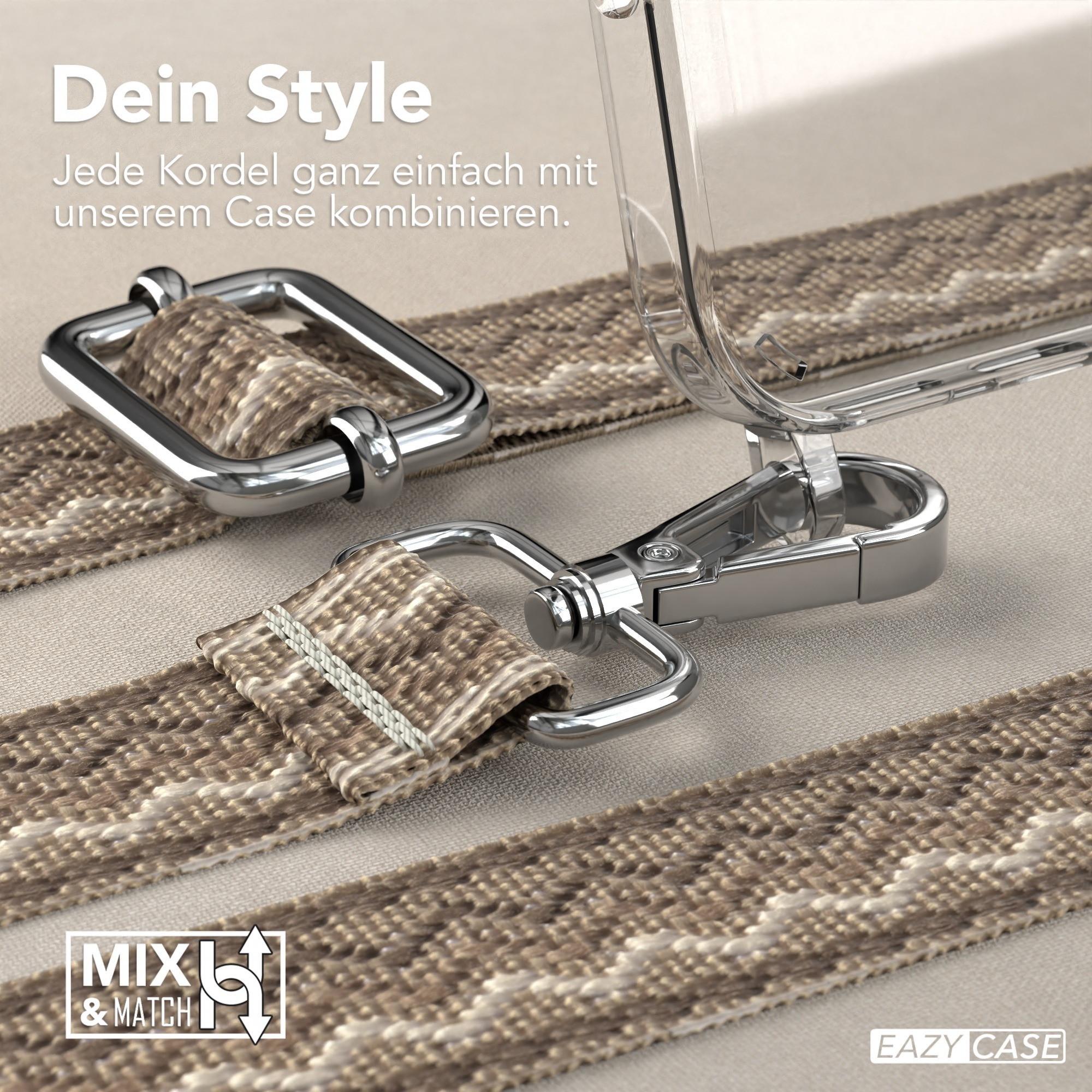 Nahaufnahme von Telefonriemen und Anschlüssen. Beige-weiß gemusterter Riemen mit silbernen Haken.