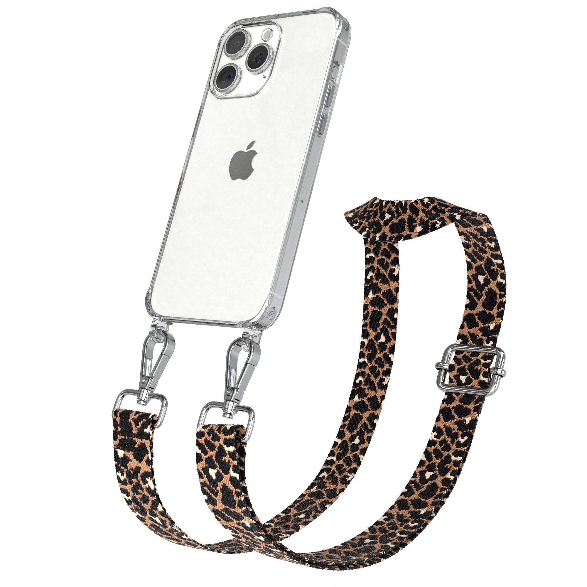 Ein Telefon mit Leopardenmuster-Gurt. Das Telefon befindet sich in einer transparenten Hülle.