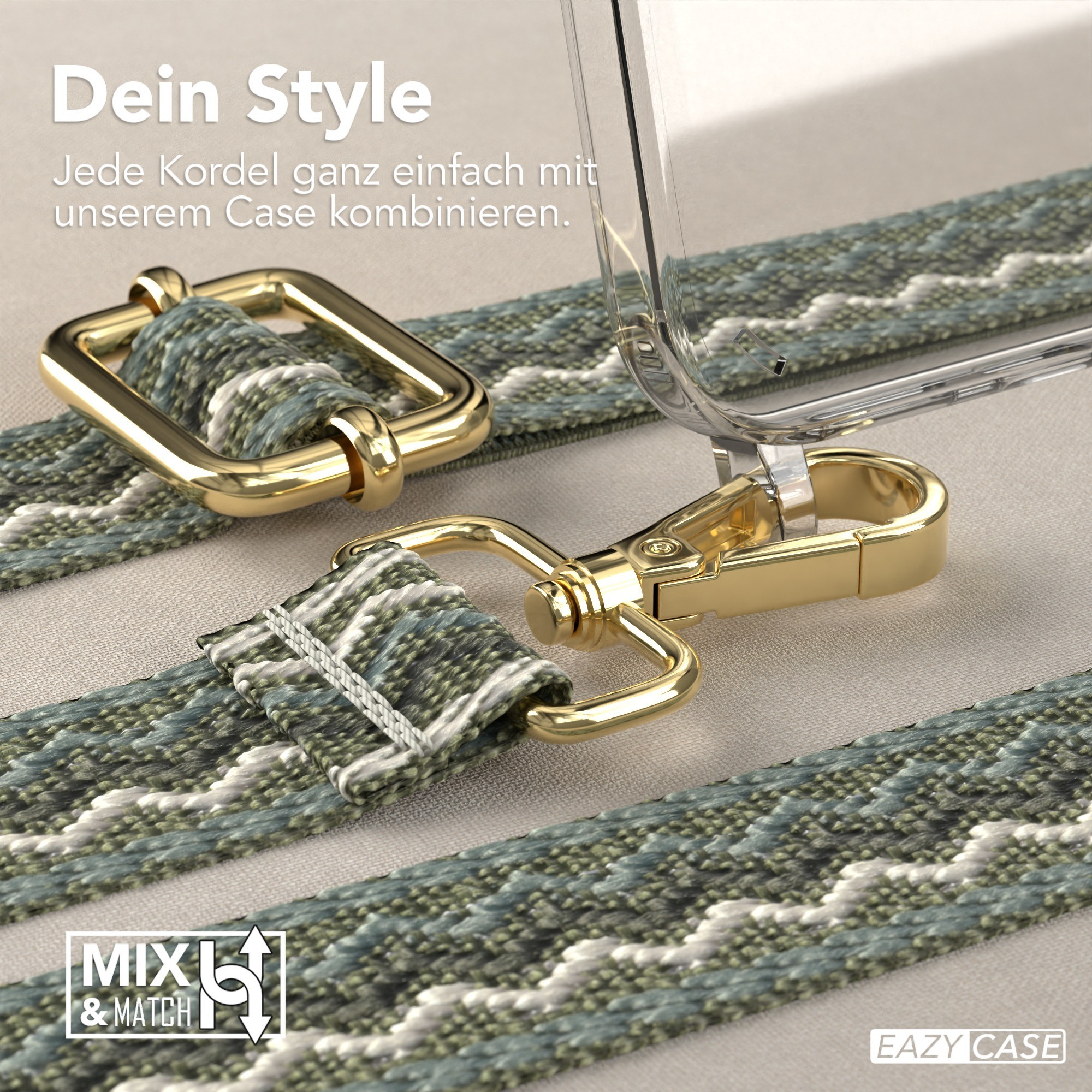 Nahaufnahme eines Handyhüllenriemens mit einem gemusterten Design, einschließlich Metallverschlüssen und einer Handyhülle.