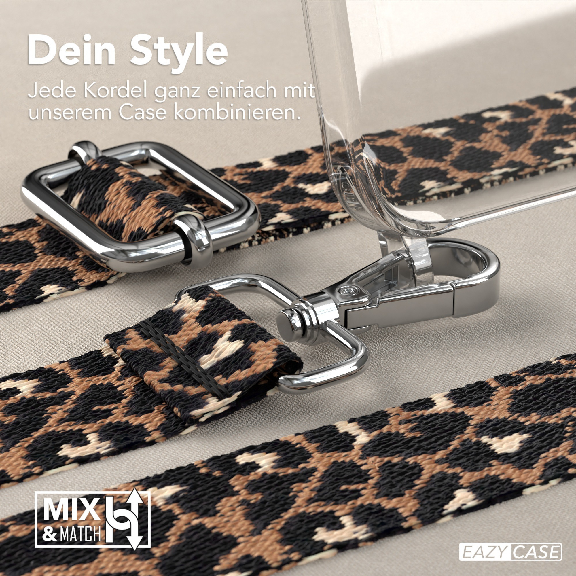 Nahaufnahme eines Handyhüllenriemens mit Leopardenmuster. Text: Mix & Match.