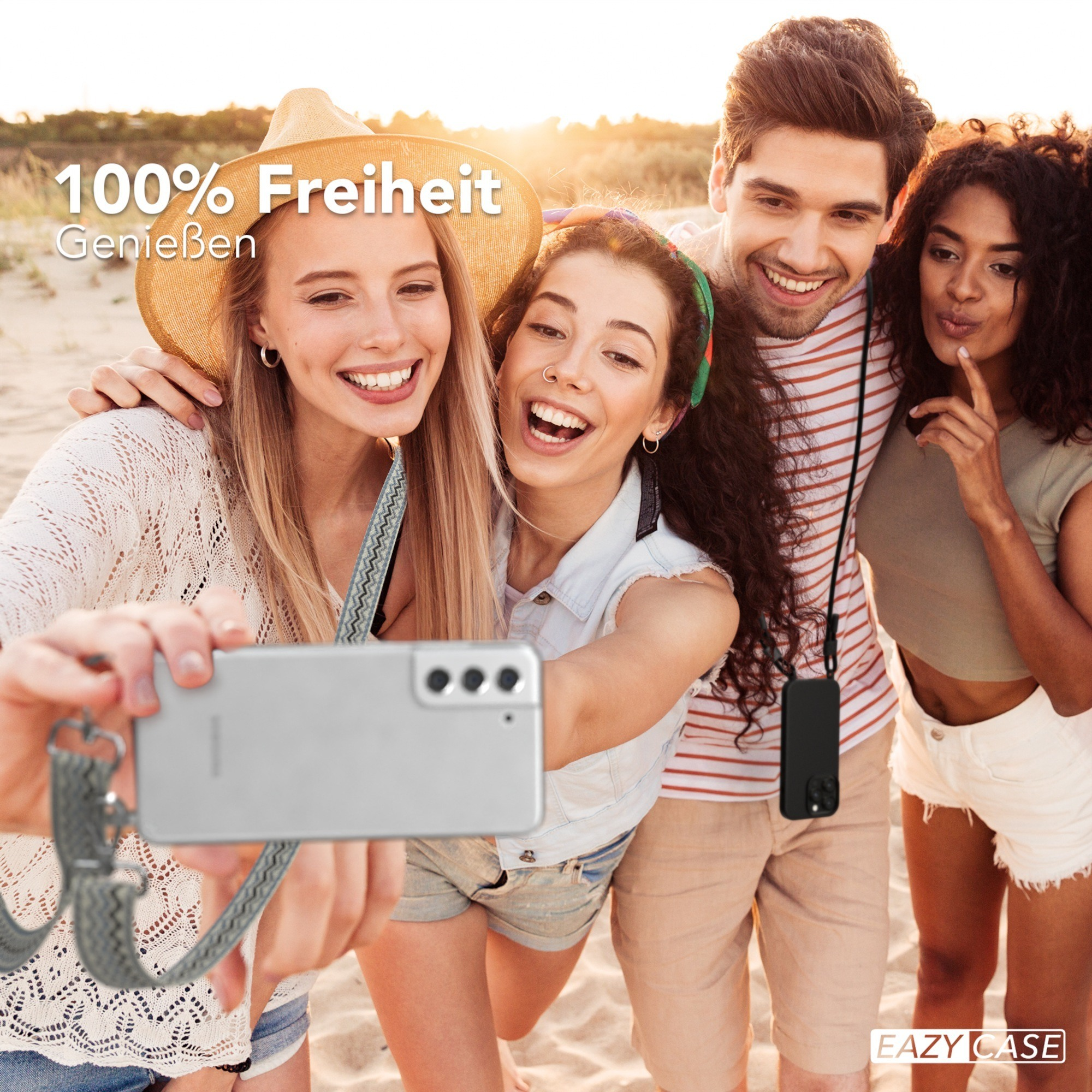 Freunde machen Selfie mit Handyhülle. Text: '100% Freiheit' und 'EAZY CASE'.