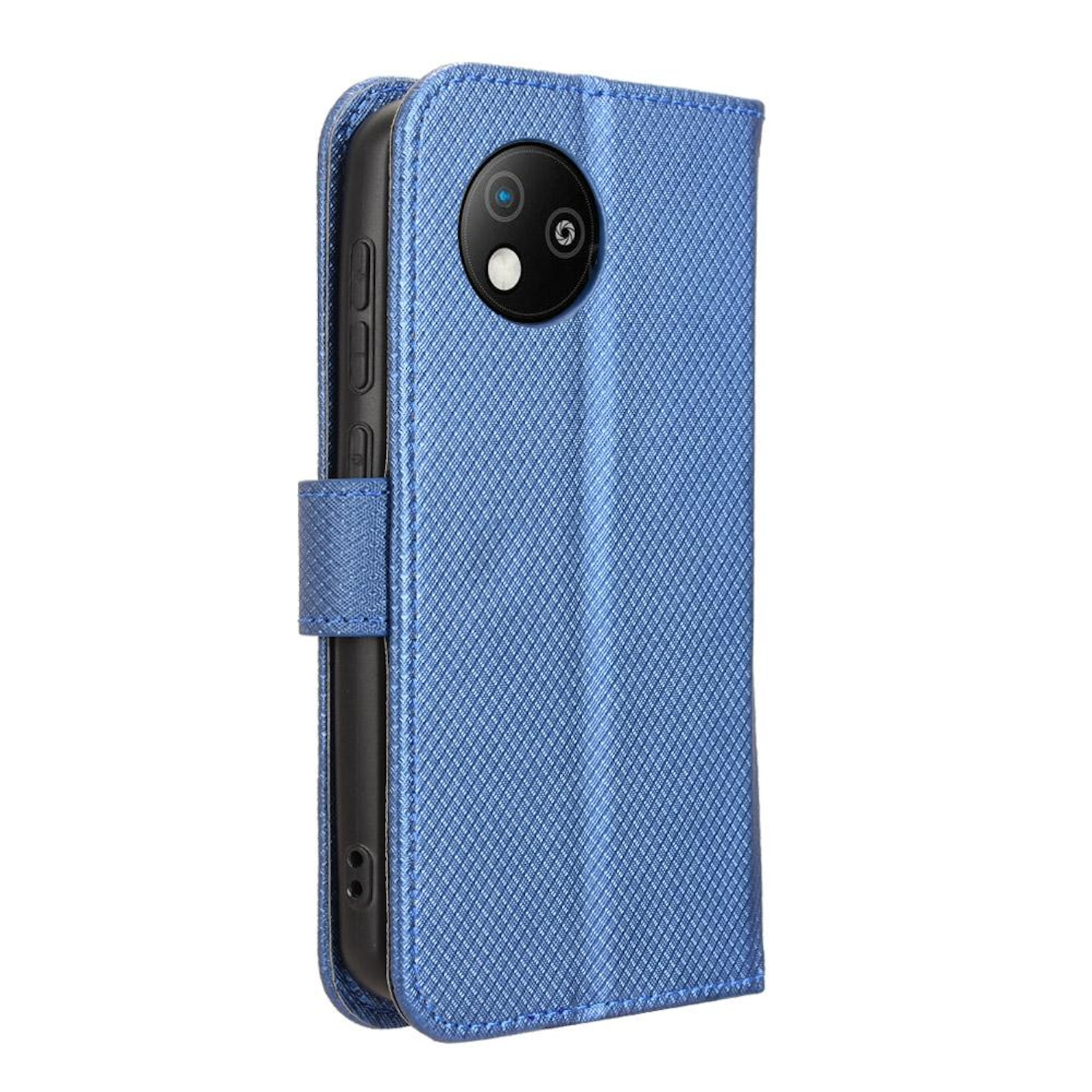 Blaue Handyhülle mit Strukturmuster, geschlossen, mit schwarzem Handy. Hat einen Magnetverschluss.