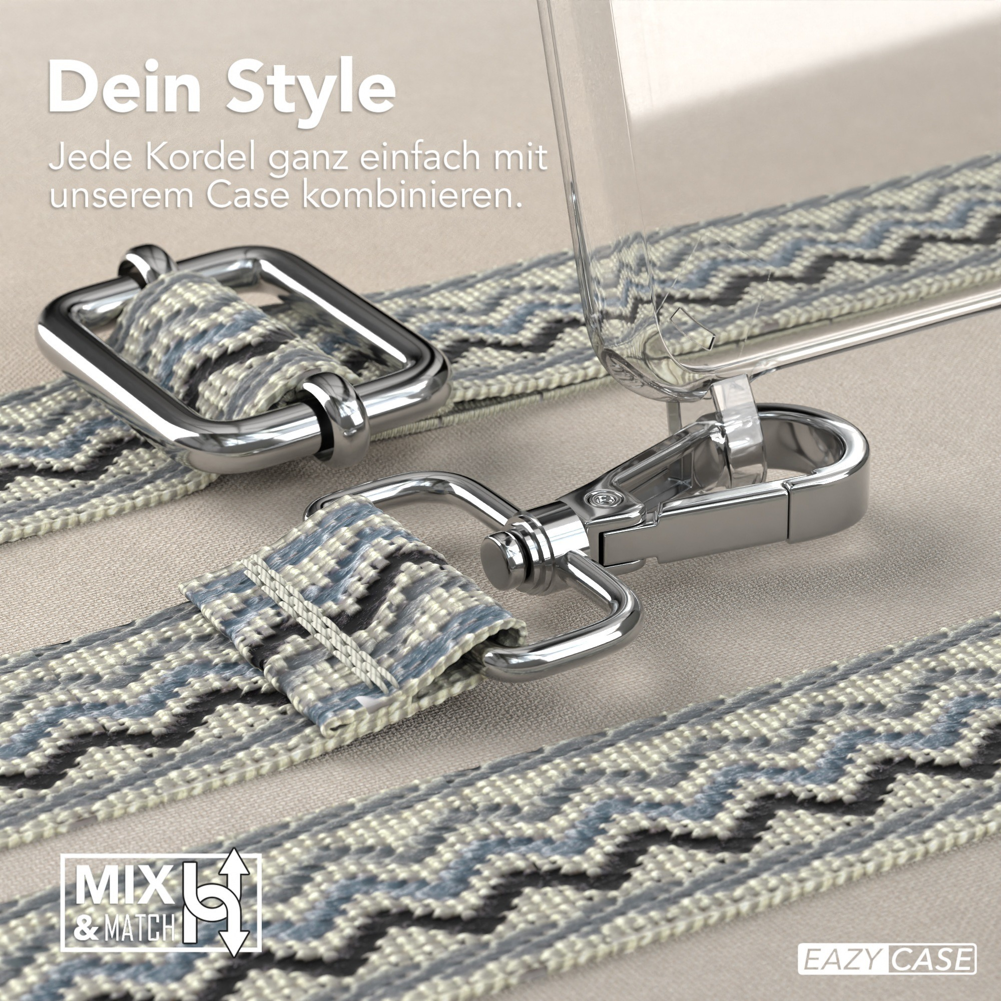 Handyband mit blauem und schwarzem Muster. Metallverschluss und transparente Handyhülle sind sichtbar. Text: Dein Style.
