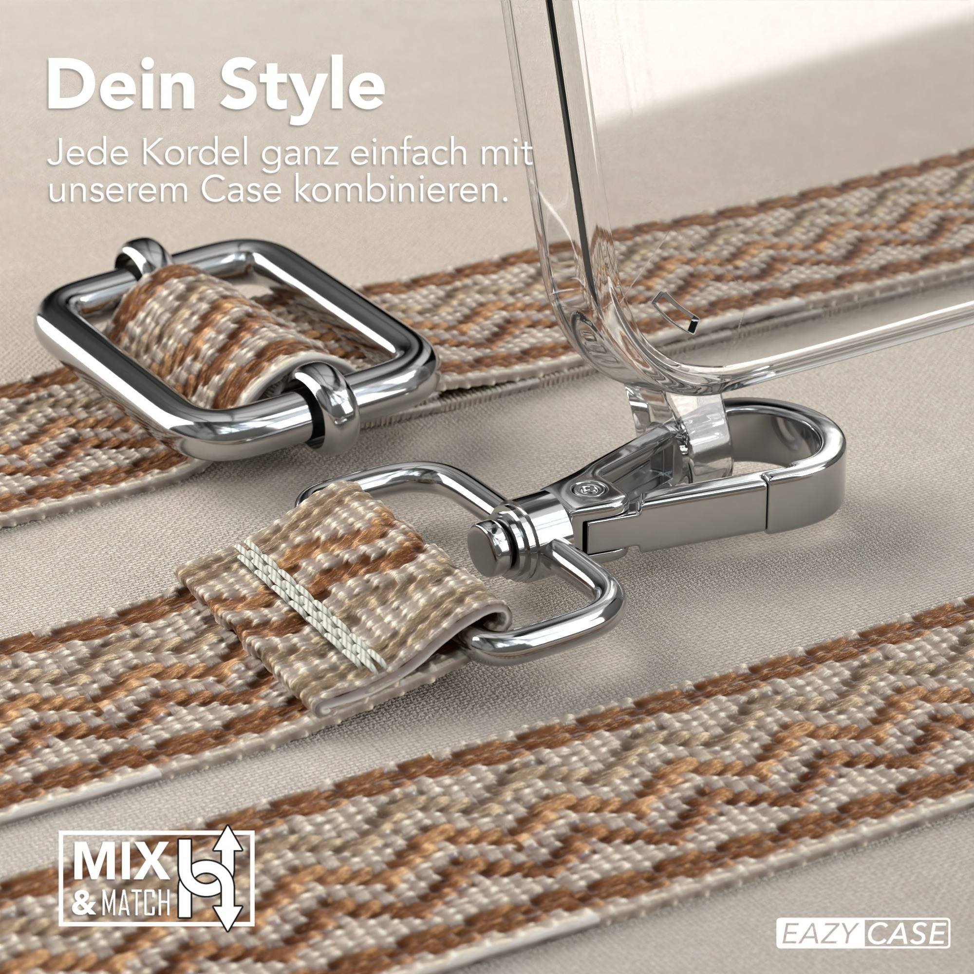 Nahaufnahme von Handyhüllenriemen, silberner Hardware und klarer Handyhülle auf beigem Untergrund. Braun-beiges Muster.
