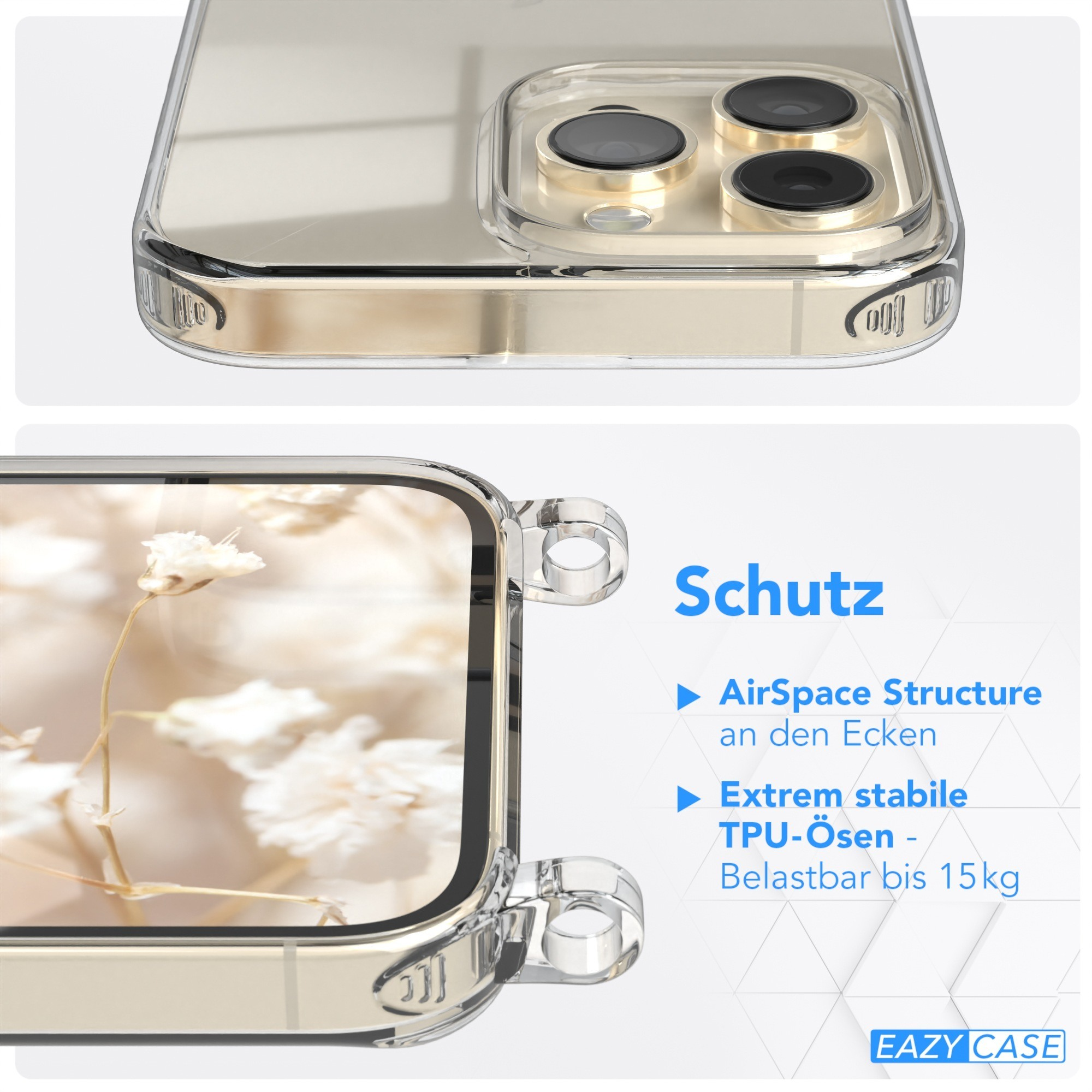 Transparente Handyhülle mit floralem Hintergrund. Die Hülle liegt auf einer weißen Oberfläche.