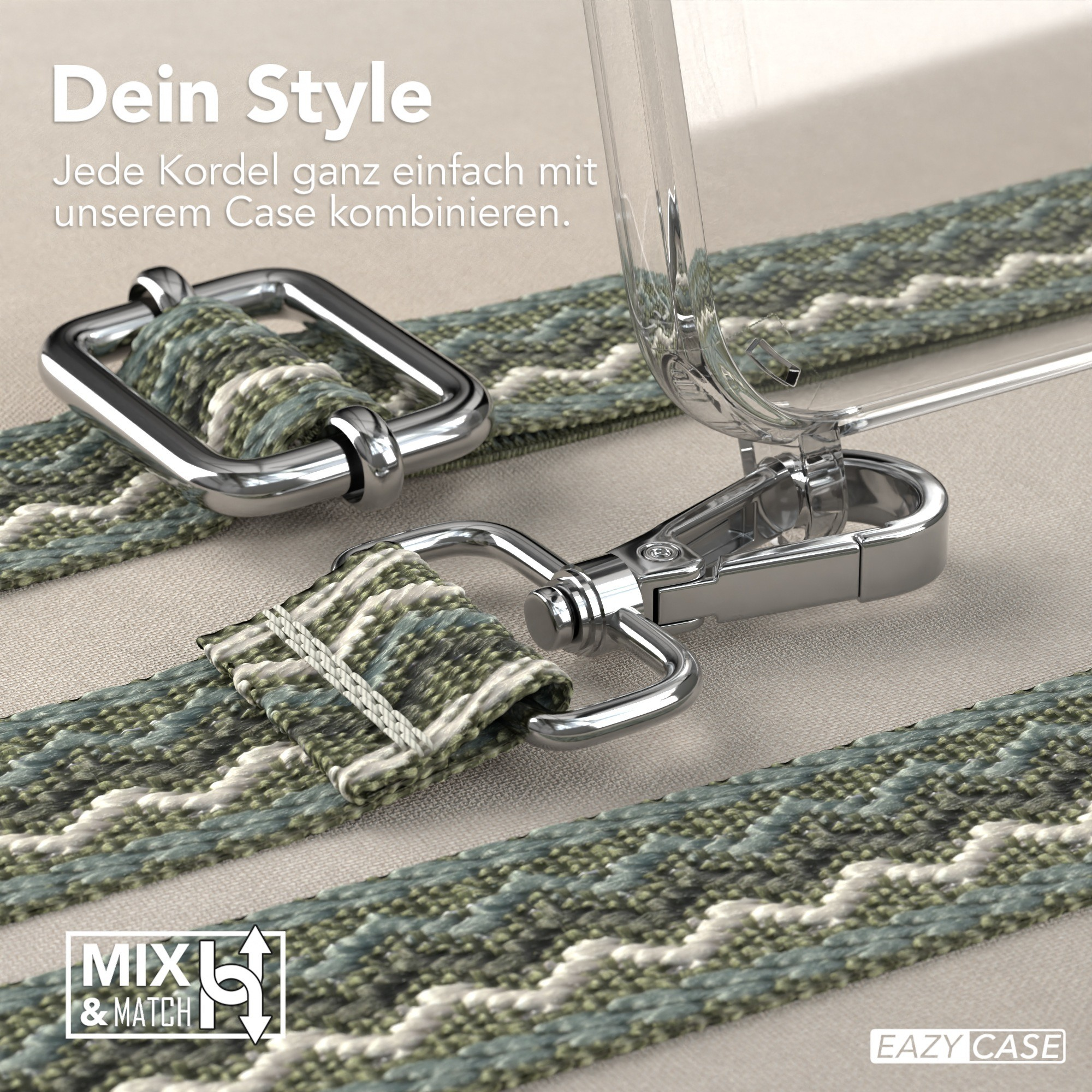 Handyhülle mit Band. Text: Kombinieren Sie jeden Kordel ganz einfach.