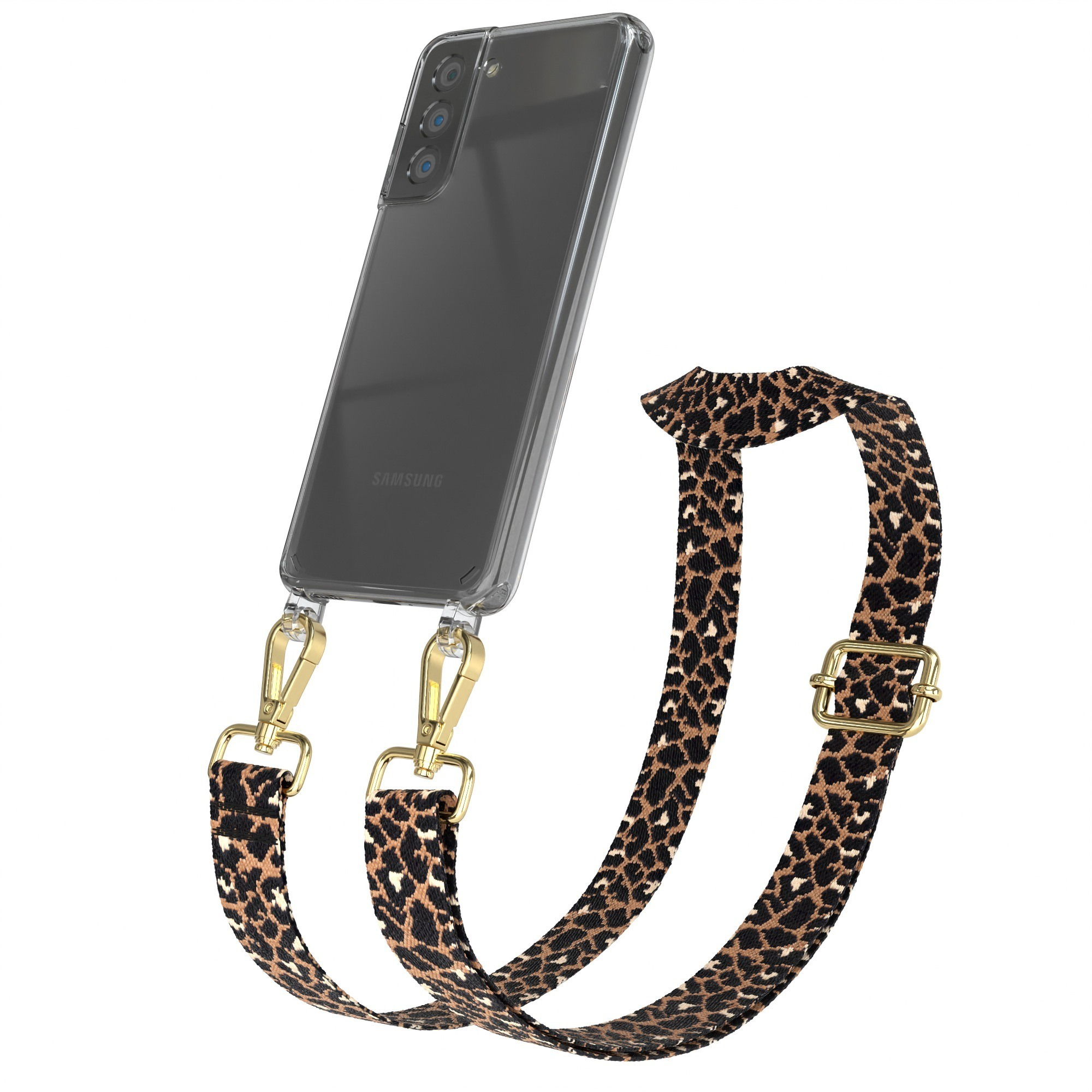 Transparente Handyhülle mit Telefon und braun-schwarzem Leopardenmuster-Trageriemen mit goldfarbenen Verschlüssen.