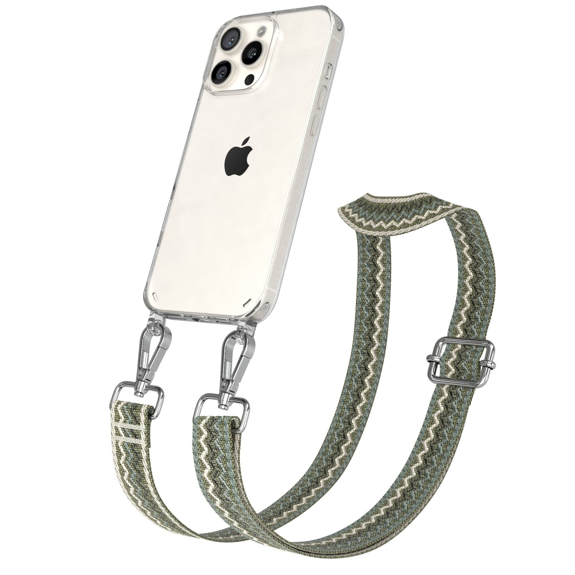 Klares Telefon mit grün gemustertem Riemen. Silberne Verschlüsse und Schnalle. Weißer Hintergrund.