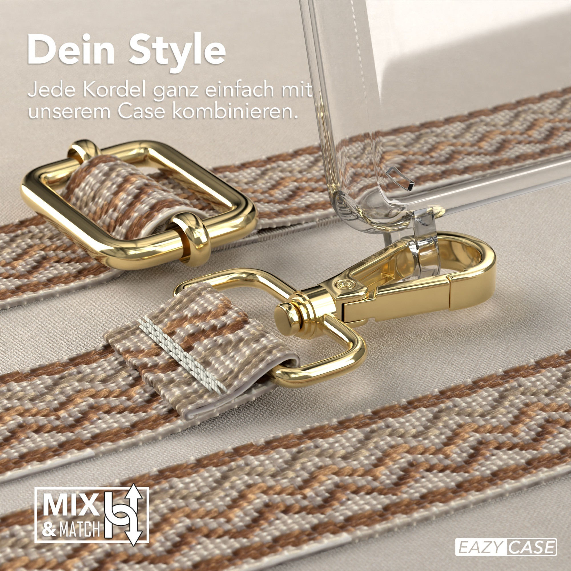 Nahaufnahme einer Handyhülle mit goldfarbener Hardware, einem gemusterten Gurt und einer transparenten Handyhülle.