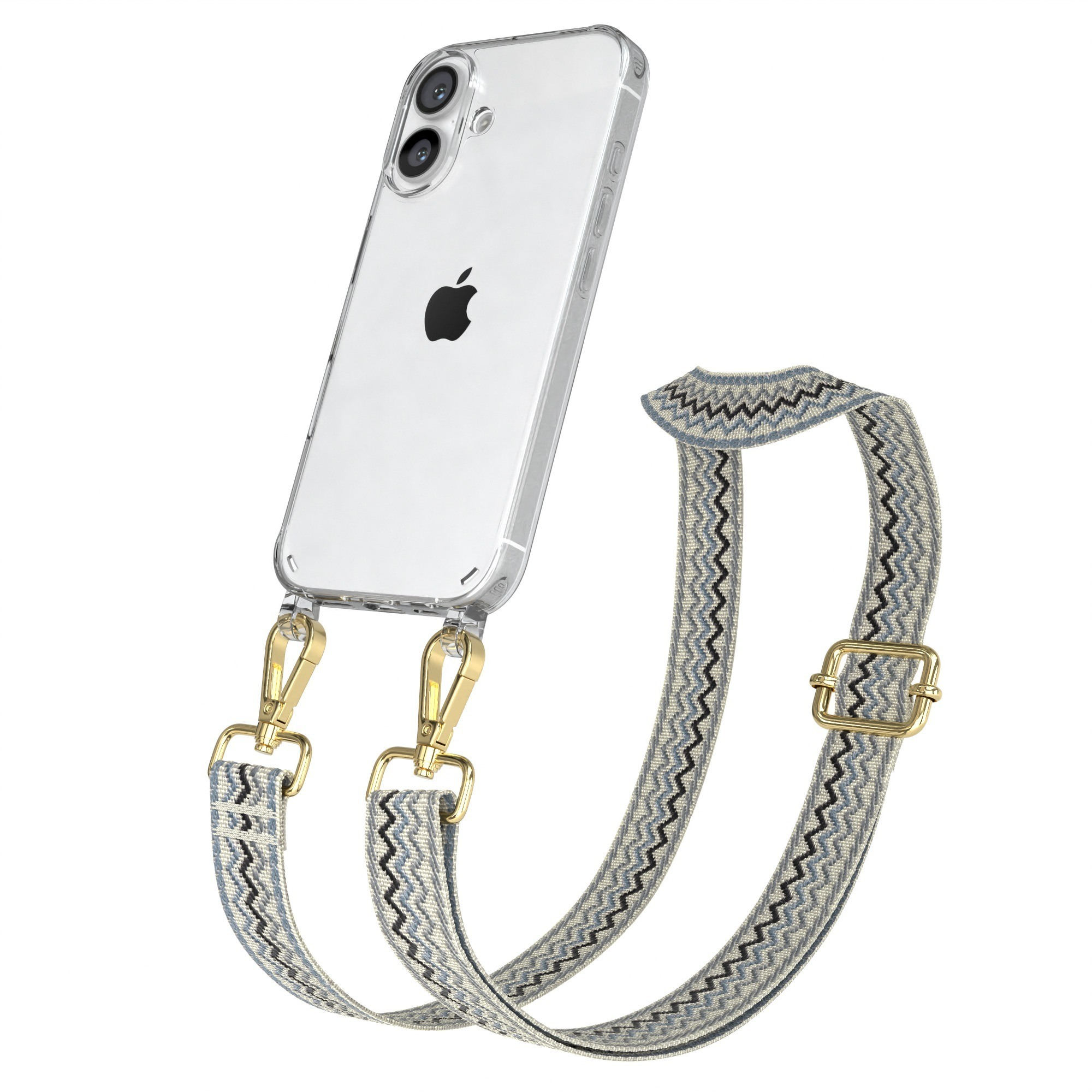 Telefon in klarer Hülle mit Band. Band hat blaues, schwarzes und weißes Zickzackmuster, goldene Verschlüsse.