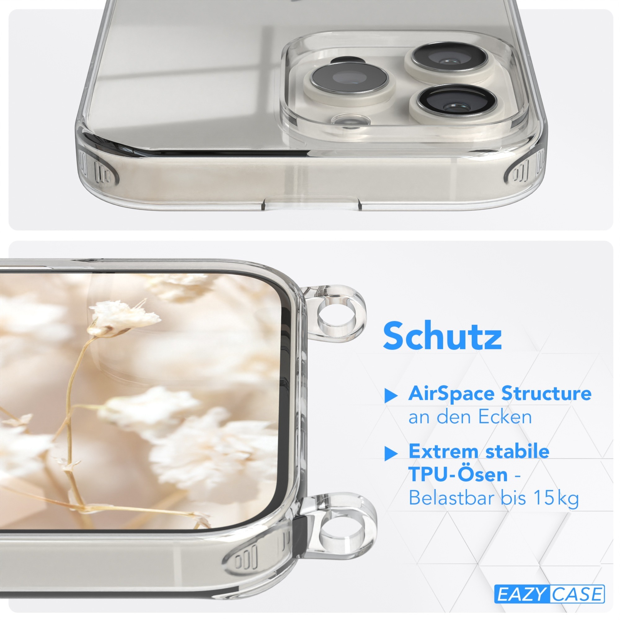 Nahaufnahme einer transparenten Handyhülle mit weißem Blumenbild und Text.