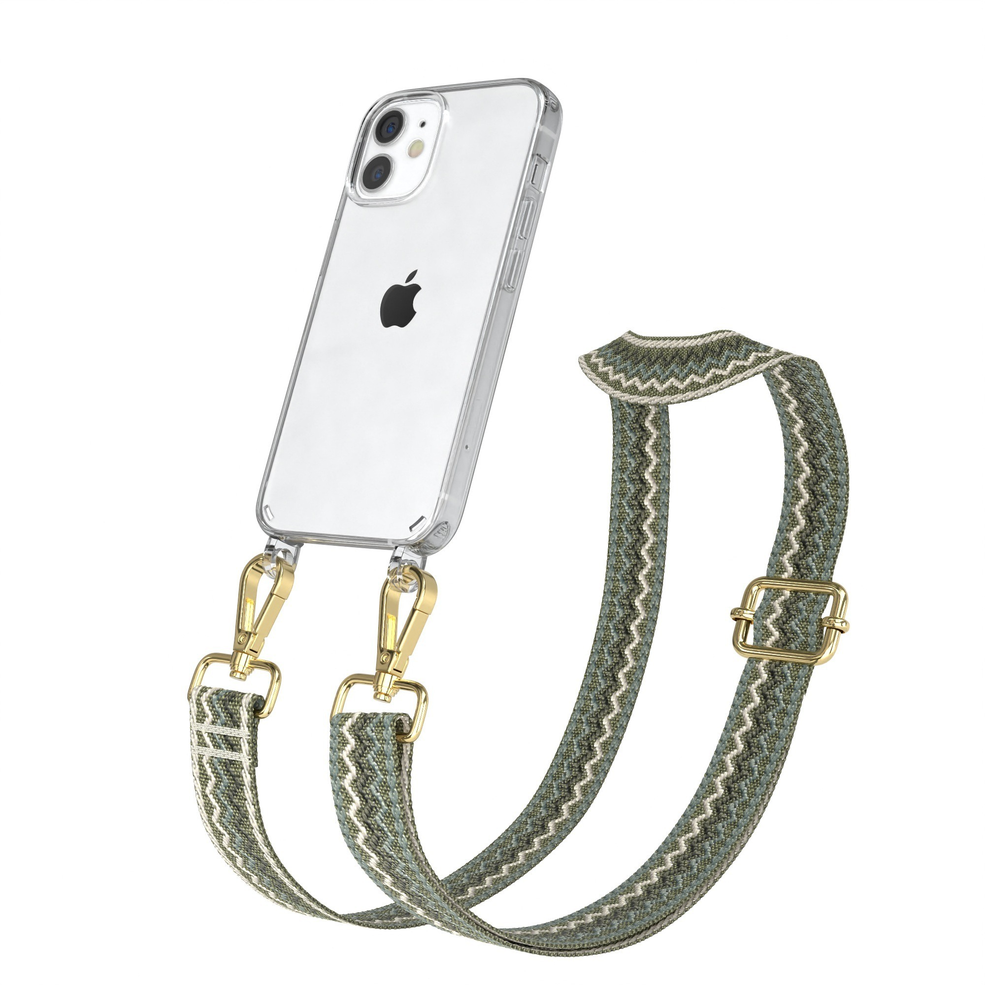Transparente Handyhülle mit Telefon, grün gemusterter Riemen mit goldenen Verschlüssen.