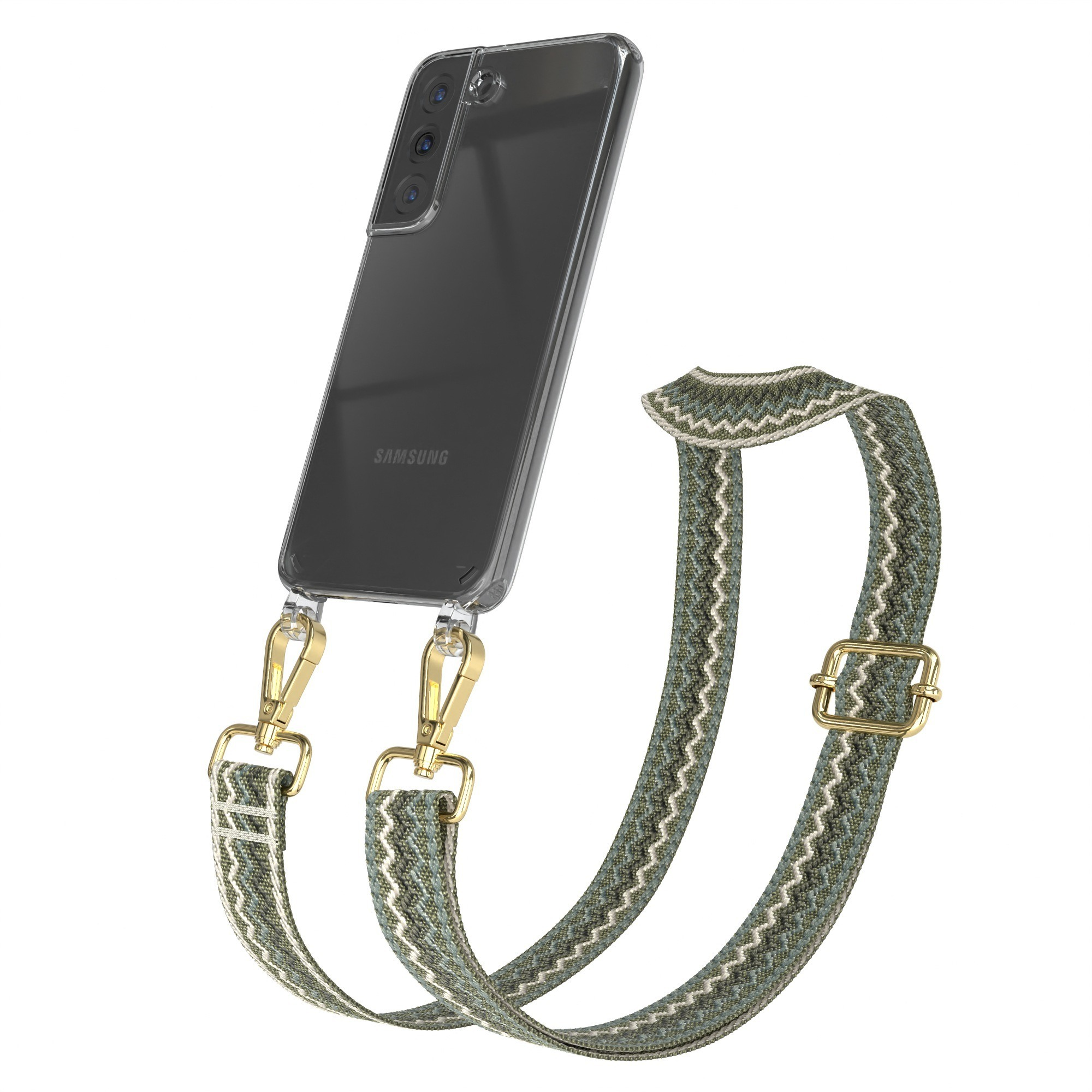 Telefon mit transparenter Hülle und grünem Band mit goldfarbener Hardware.