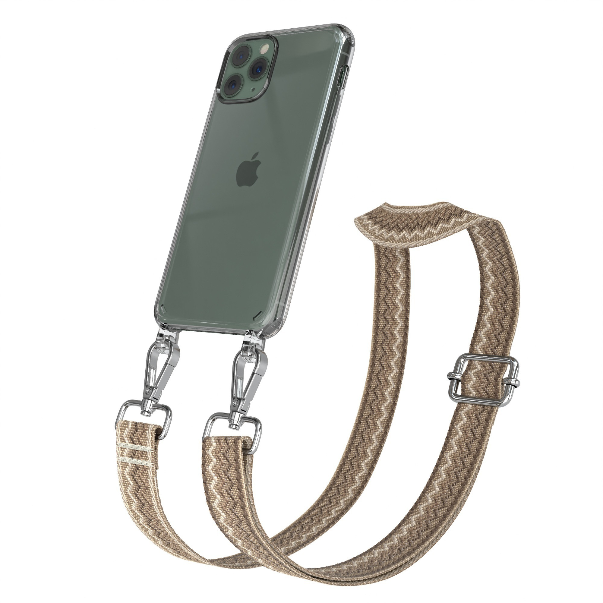 Telefon mit durchsichtiger Hülle und beigem Riemen. Riemen hat ein beiges Zickzackmuster. Silberne Metallverschlüsse und Schnalle.