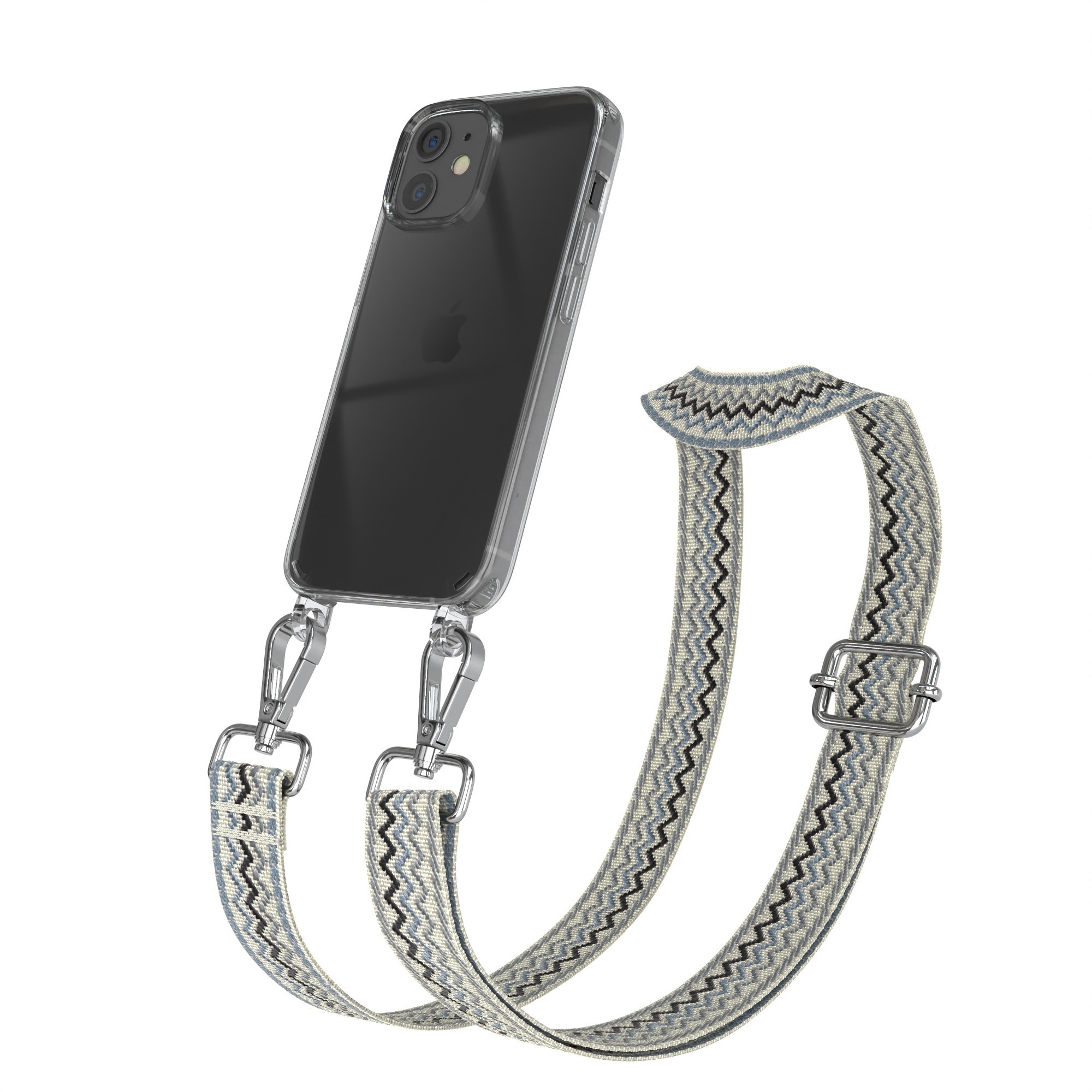 Eine Handyhülle mit Riemen, silbernen Clips und einem Telefon.
