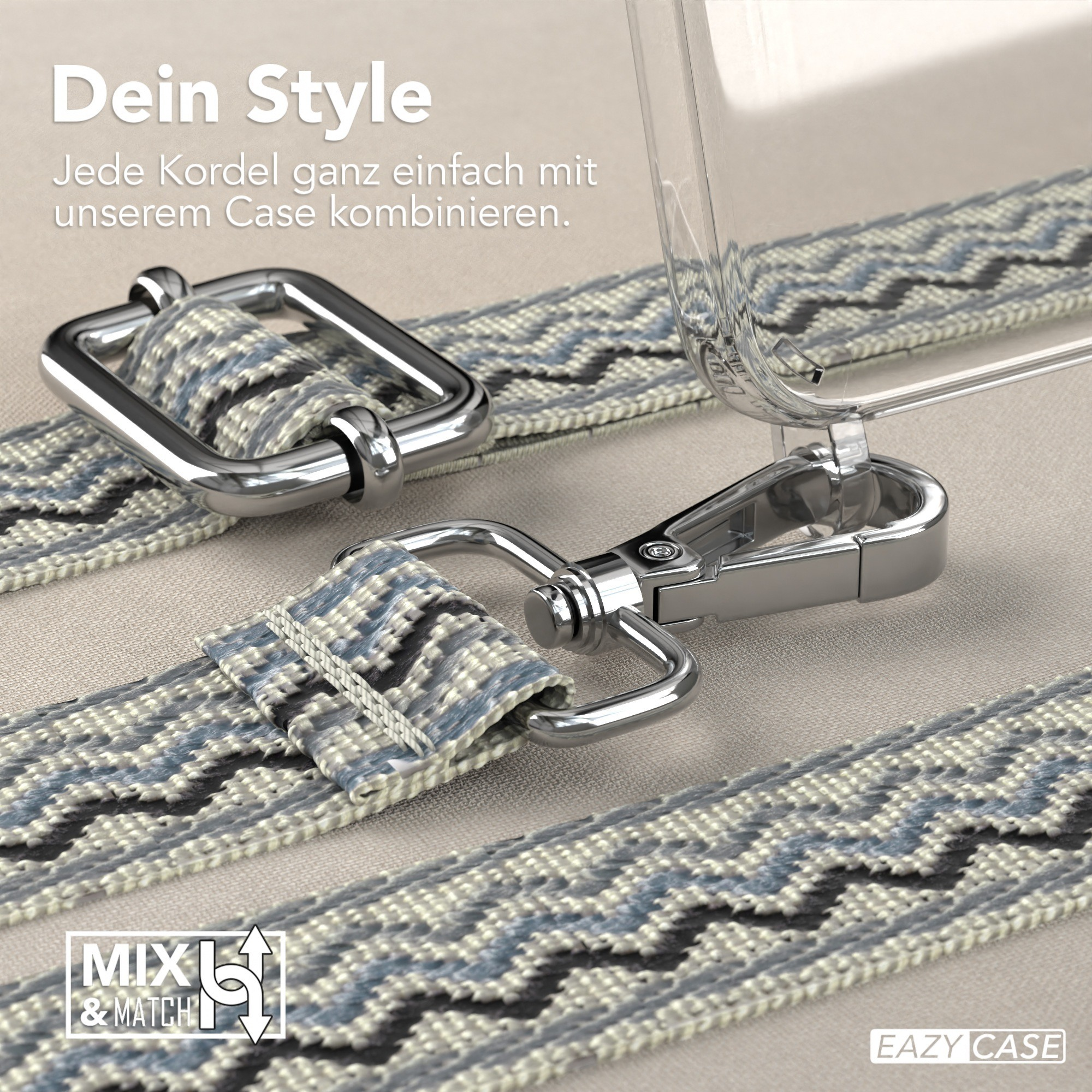 Eine Handyhülle mit Trageriemen und Metallverschlüssen. Der Riemen hat ein gemustertes Design. Hintergrund: eine neutrale Oberfläche.