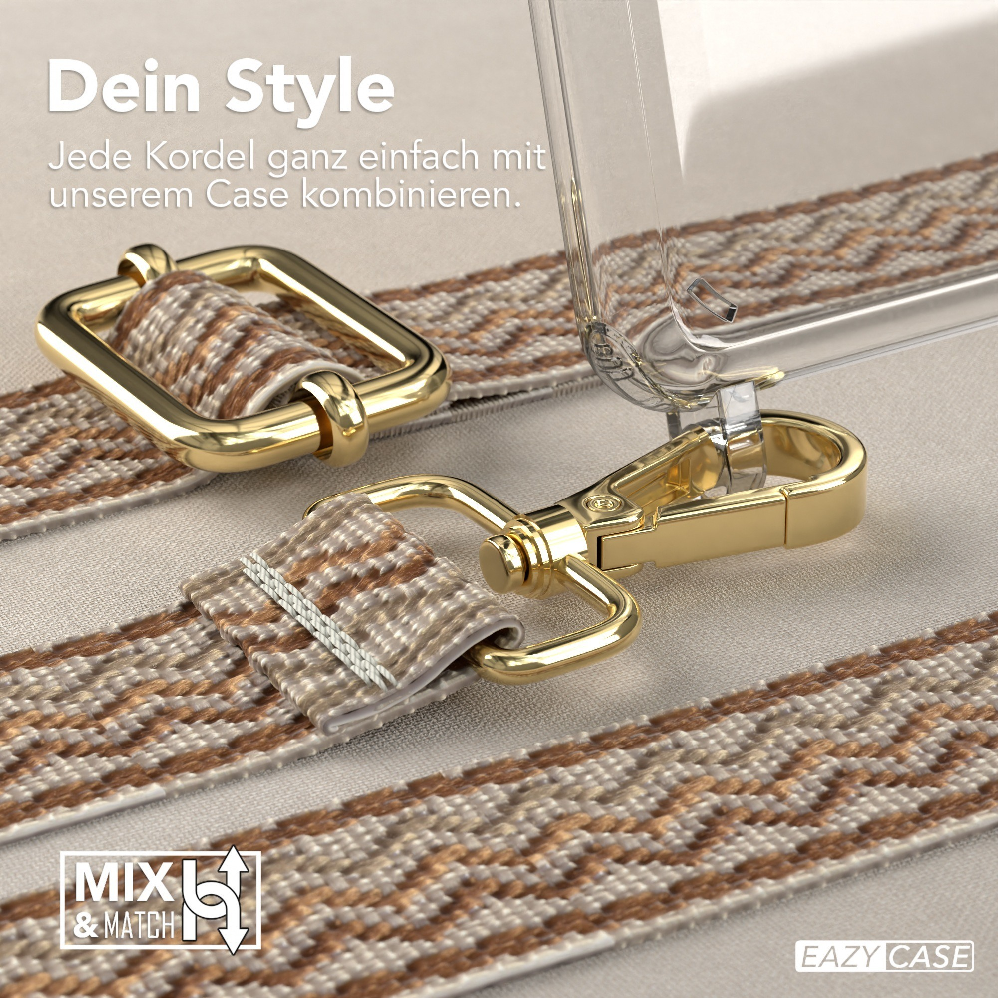 Nahaufnahme eines Handyhüllenriemens mit einem gemusterten Design, einschließlich Metallverschlüssen und einer Handyhülle.