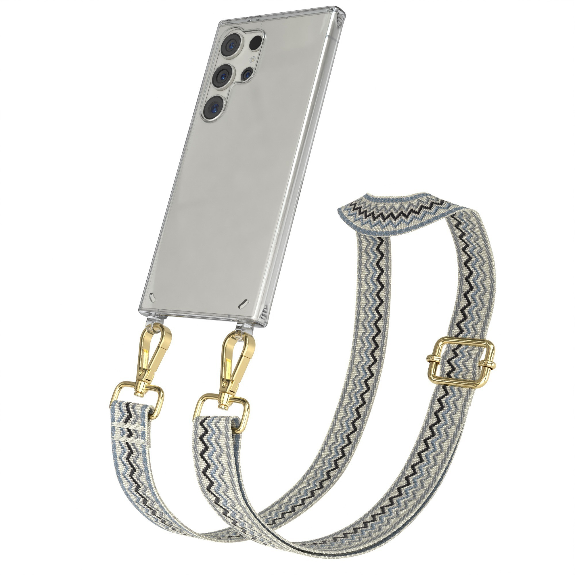 Telefon in durchsichtiger Hülle mit braunem Zickzackriemen. Goldene Verschlüsse und Schnalle.