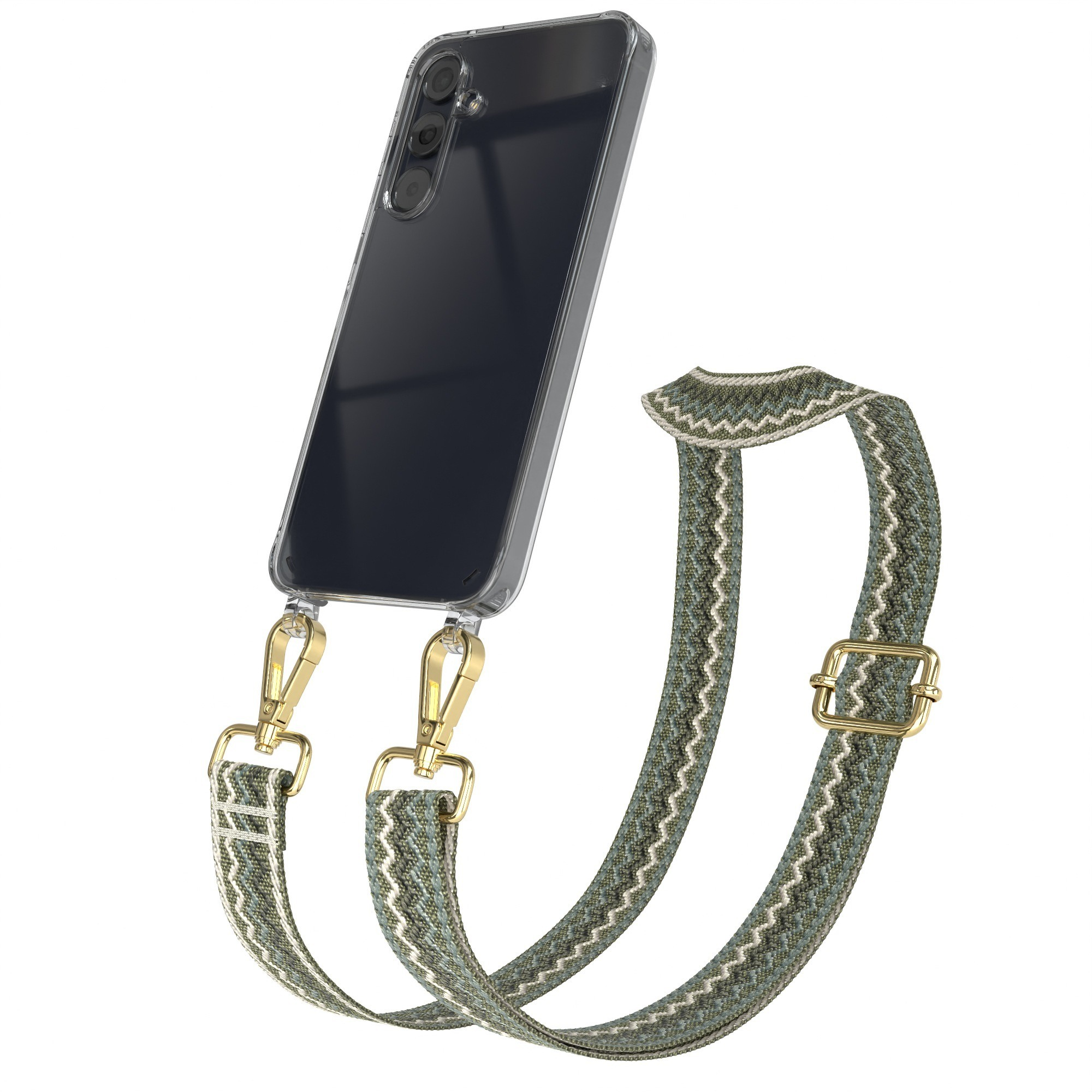 Telefon in transparenter Hülle mit grün-weißem Zickzack-Gurt. Mit goldenen Haken und Schnalle.