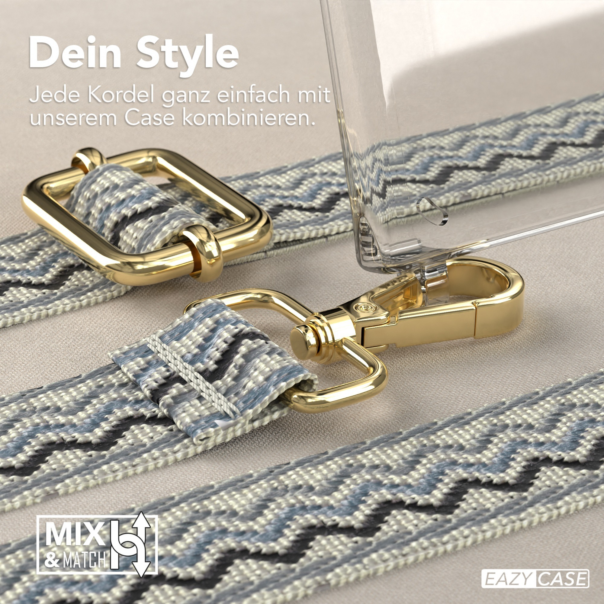 Eine Handyhülle mit gemustertem Riemen, goldfarbener Hardware und einer transparenten Hülle. Der Riemen ist mit der Hülle verbunden.